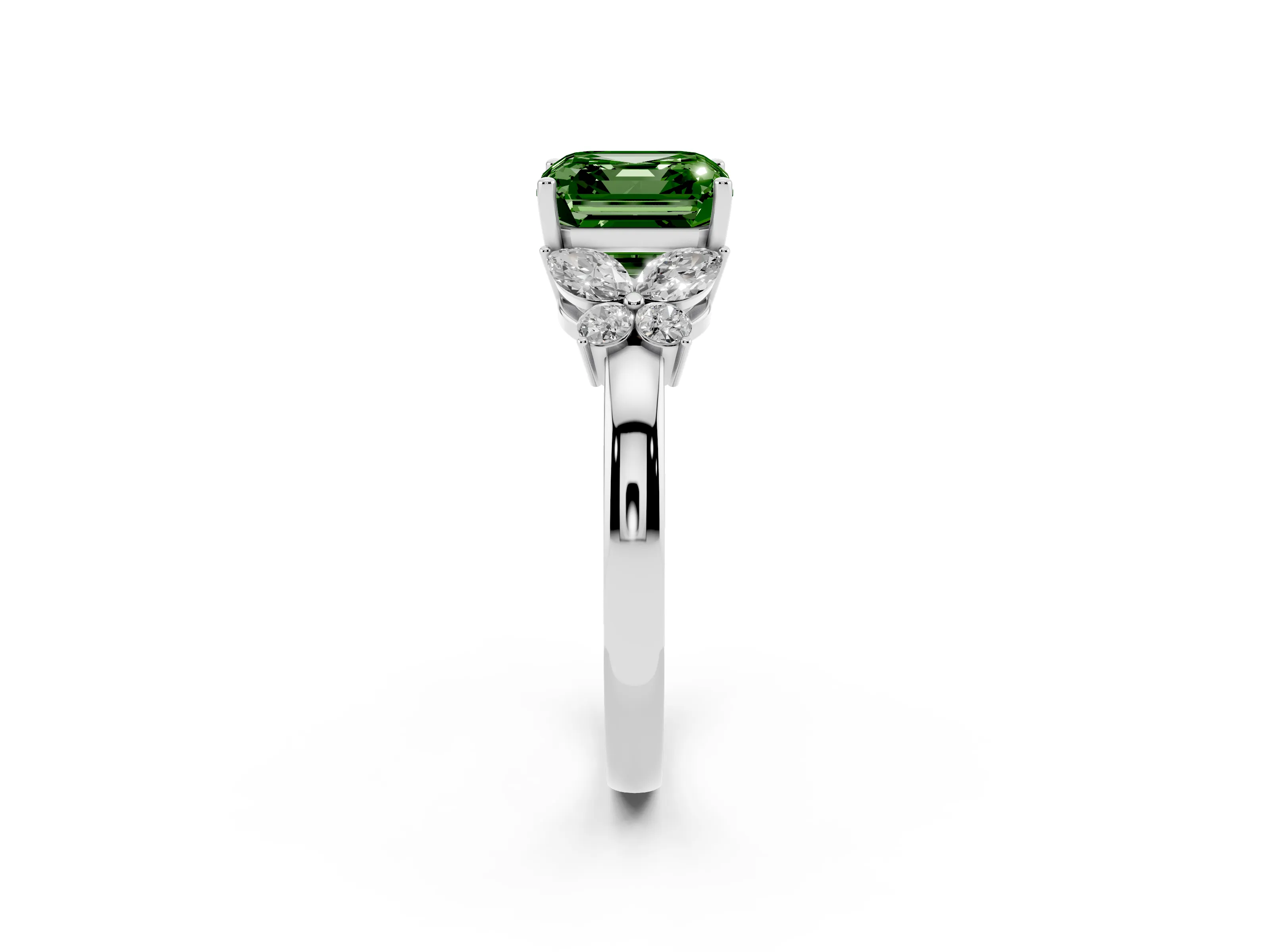 Fancy Green Asscher Cut Diamond Solitaire Floral Ring Set in Platinum with Marquise Petals and Prong Setting