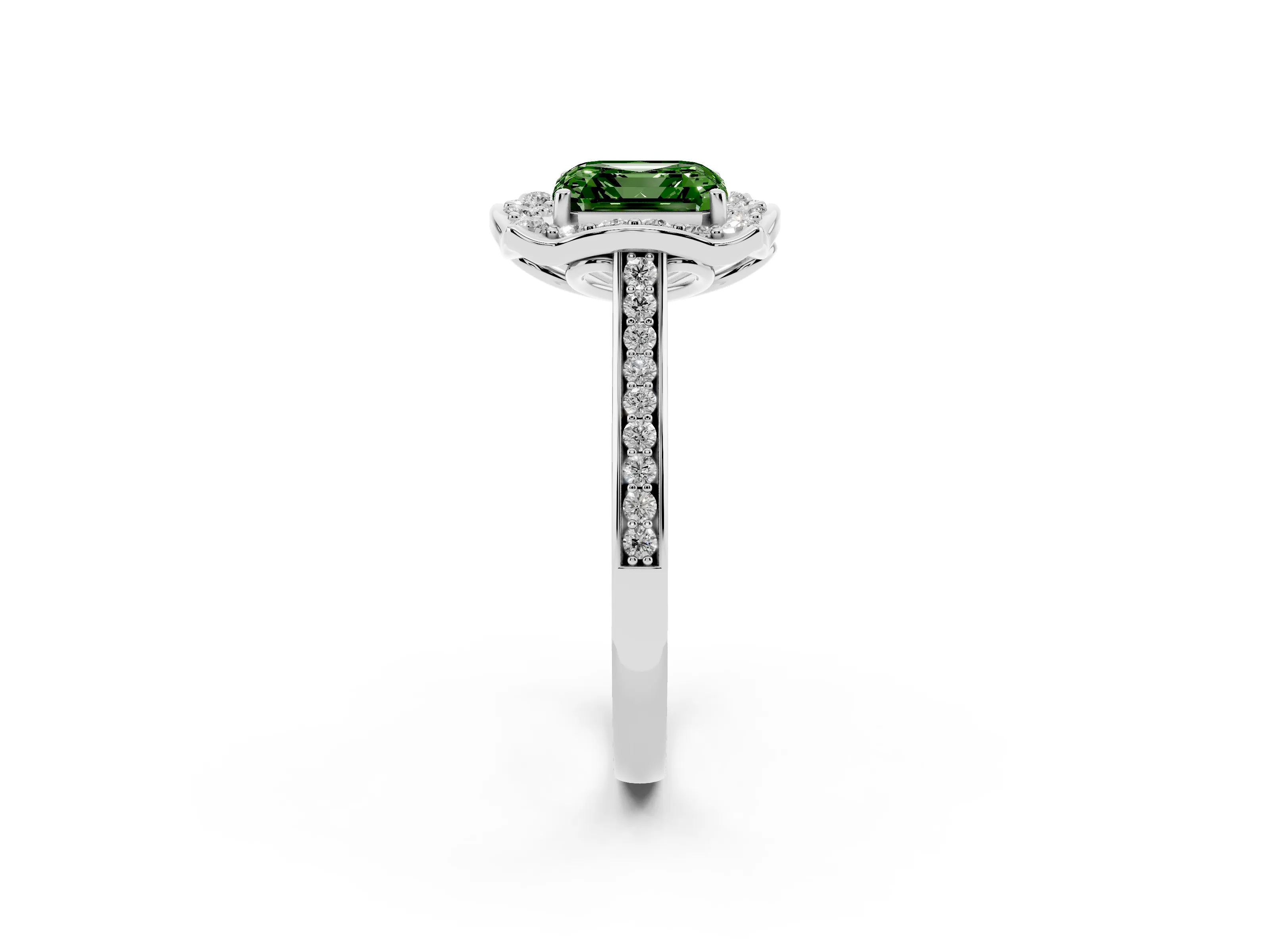 Fancy Green Asscher Cut Diamond Halo Ring Set in Silver with Pavé-Lined Shoulders and Prong Setting