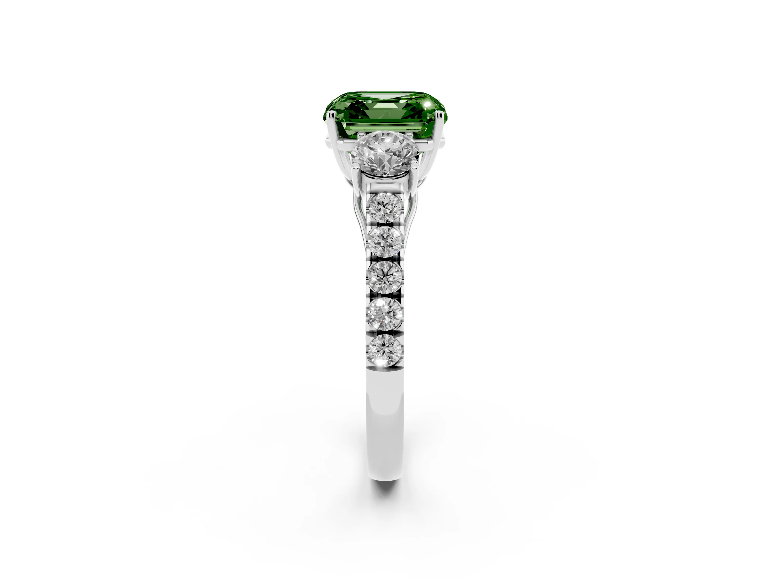 Fancy Green Asscher Cut Diamond Three-Stone Ring Set in Silver with Round Side Stones and Delicate Pavé Band