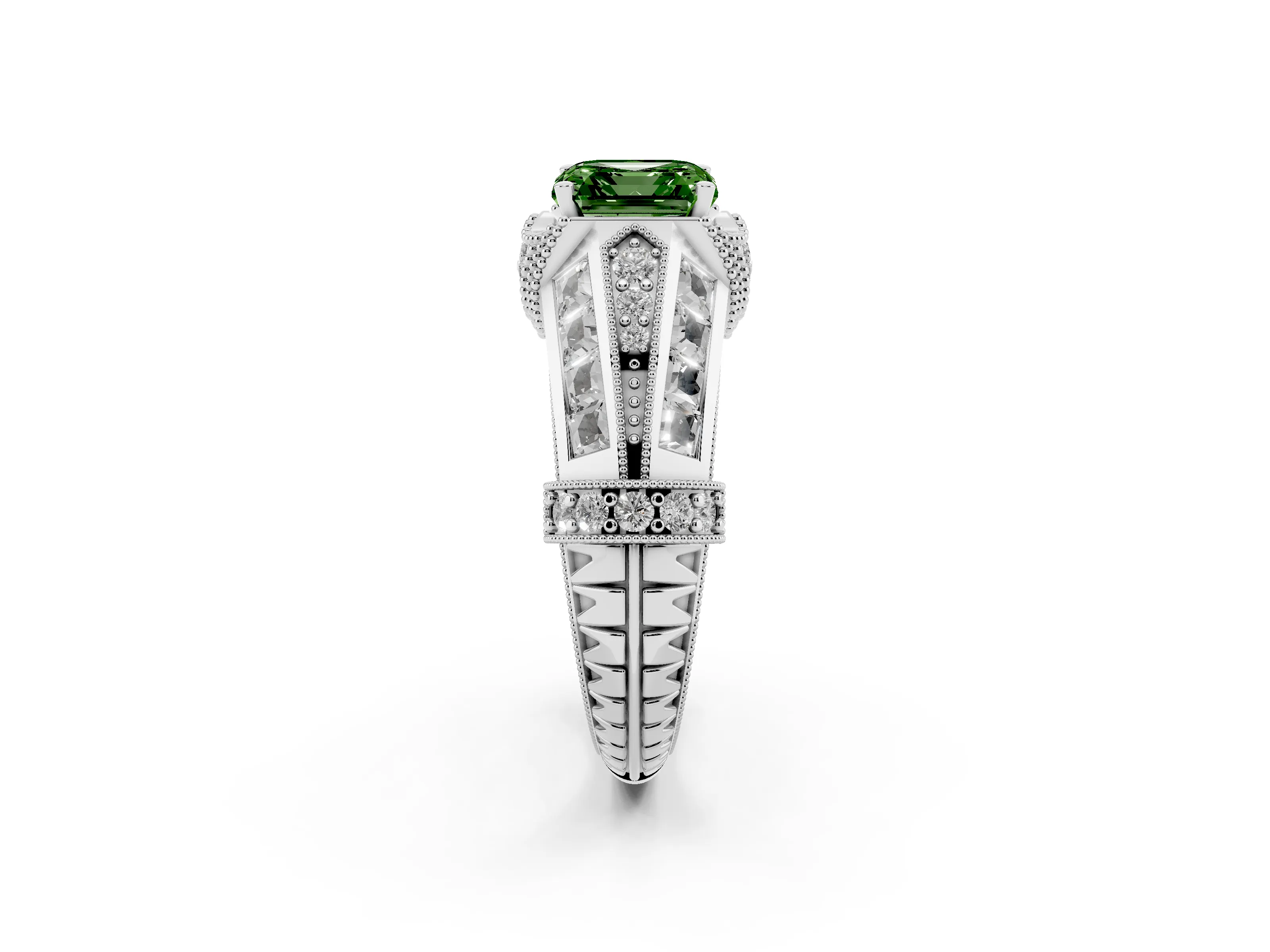 Fancy Green Asscher Cut Diamond Vintage-Inspired Milgrain Ring Set in Platinum with Accent Split Shank