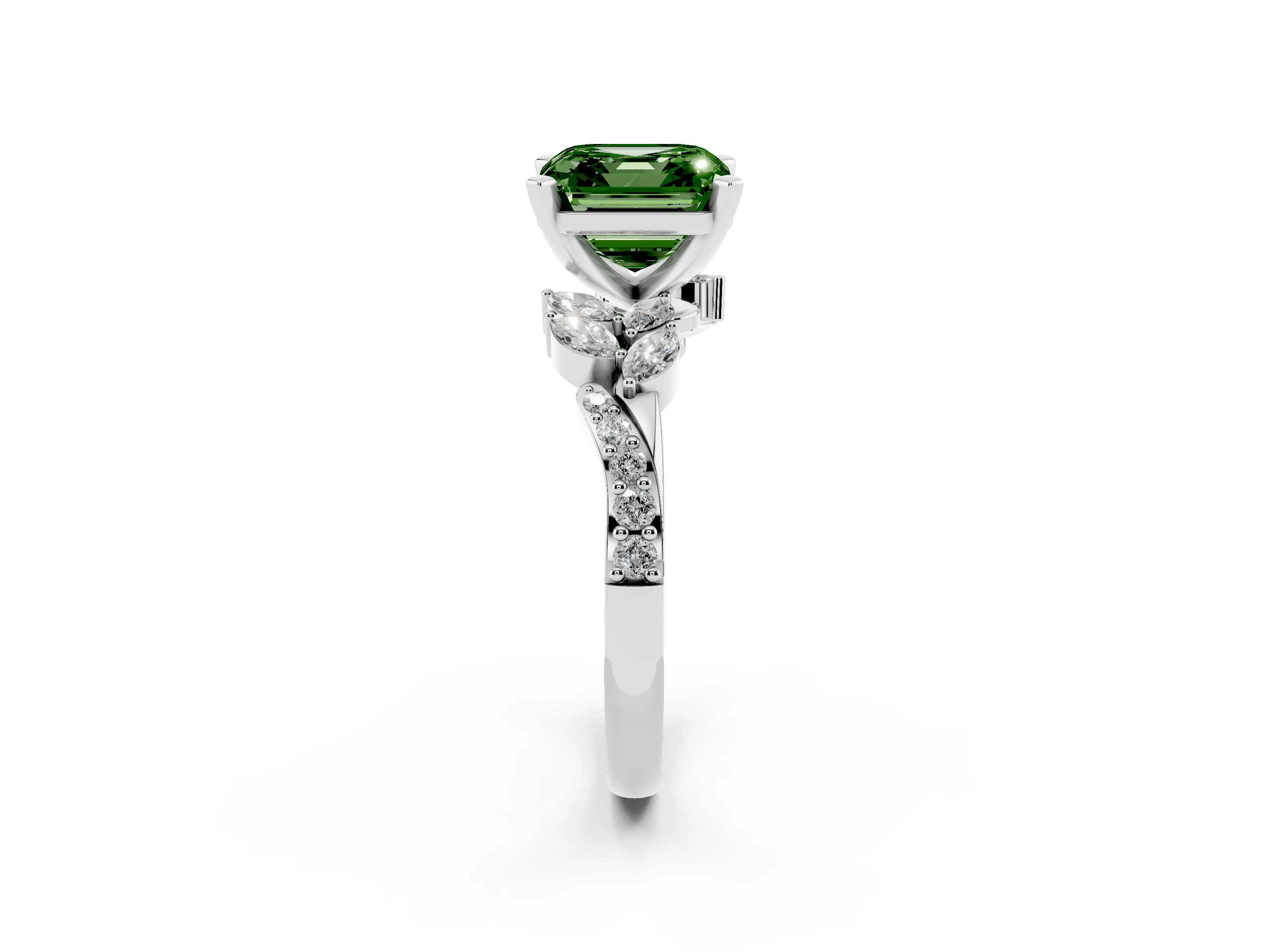 Fancy Green Asscher Cut Diamond Solitaire Ring Set in White gold with Marquise Twist Band and Prong Setting