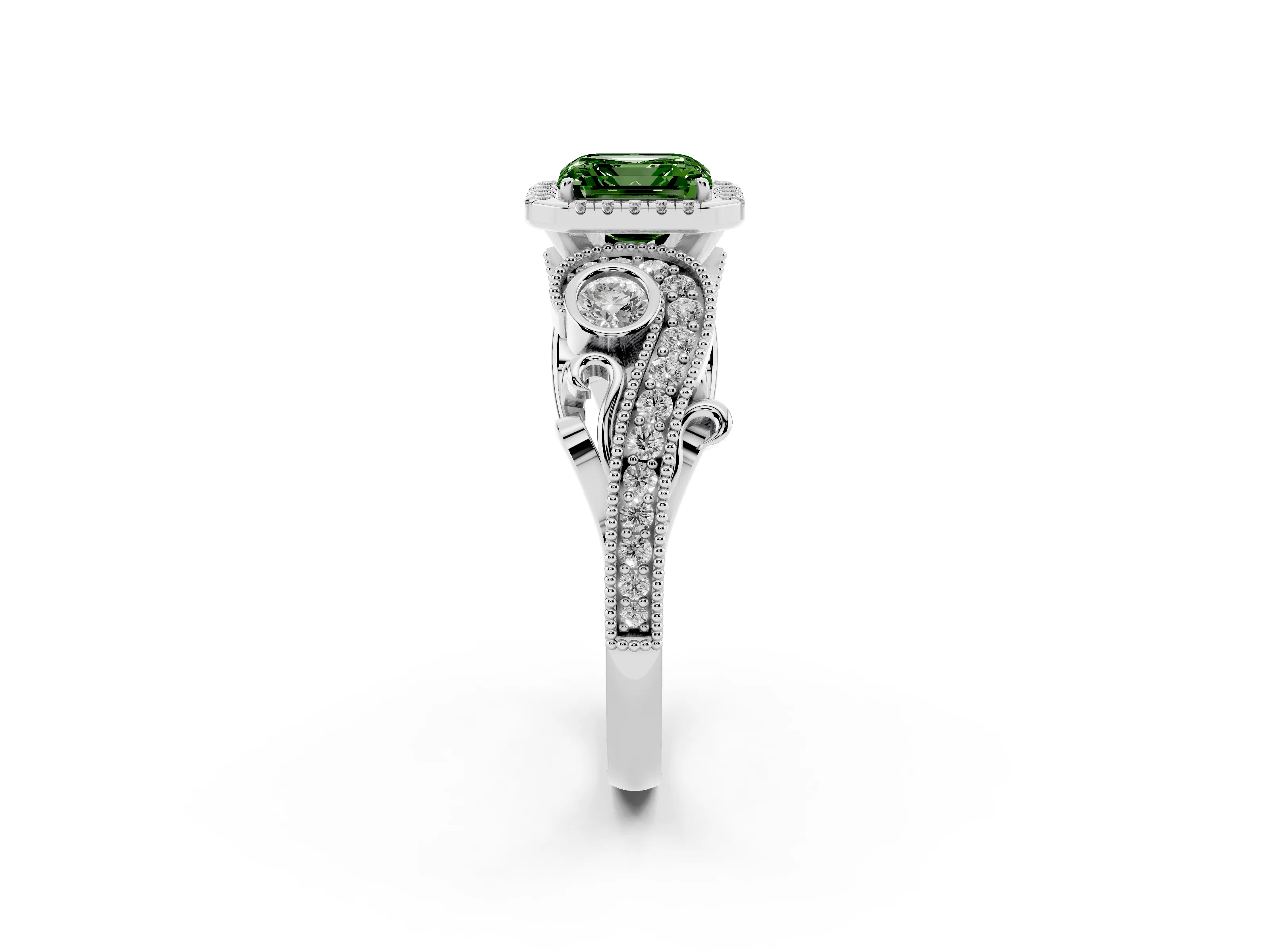 Fancy Green Asscher Cut Diamond Halo Ring Set in Platinum with Milgrain Pavé Band and Prong Setting