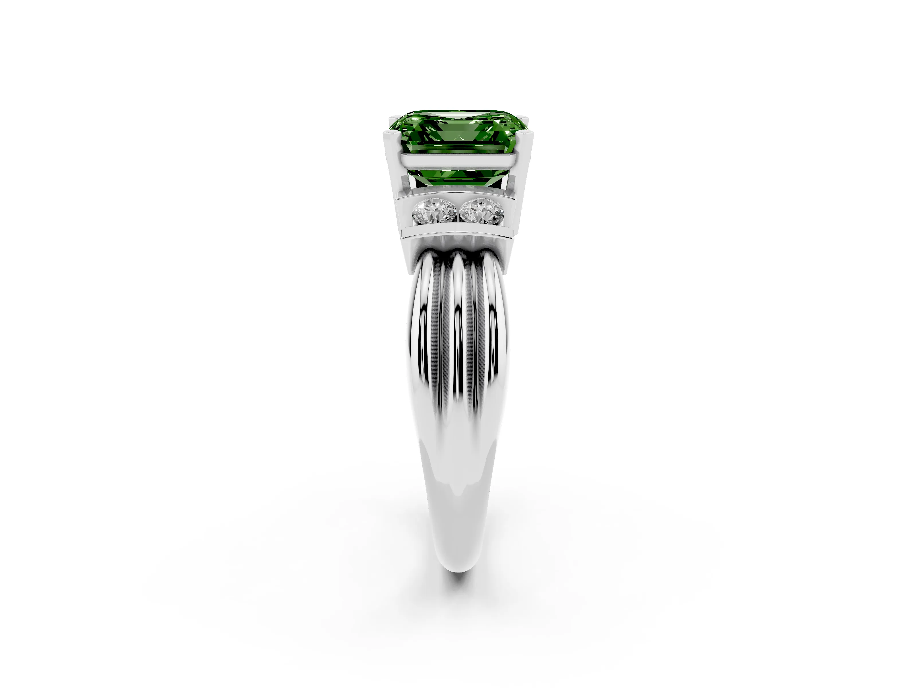 Fancy Green Three-Stone Asscher Cut Diamond Channel Set Ring Set in Silver with Bar Prongs
