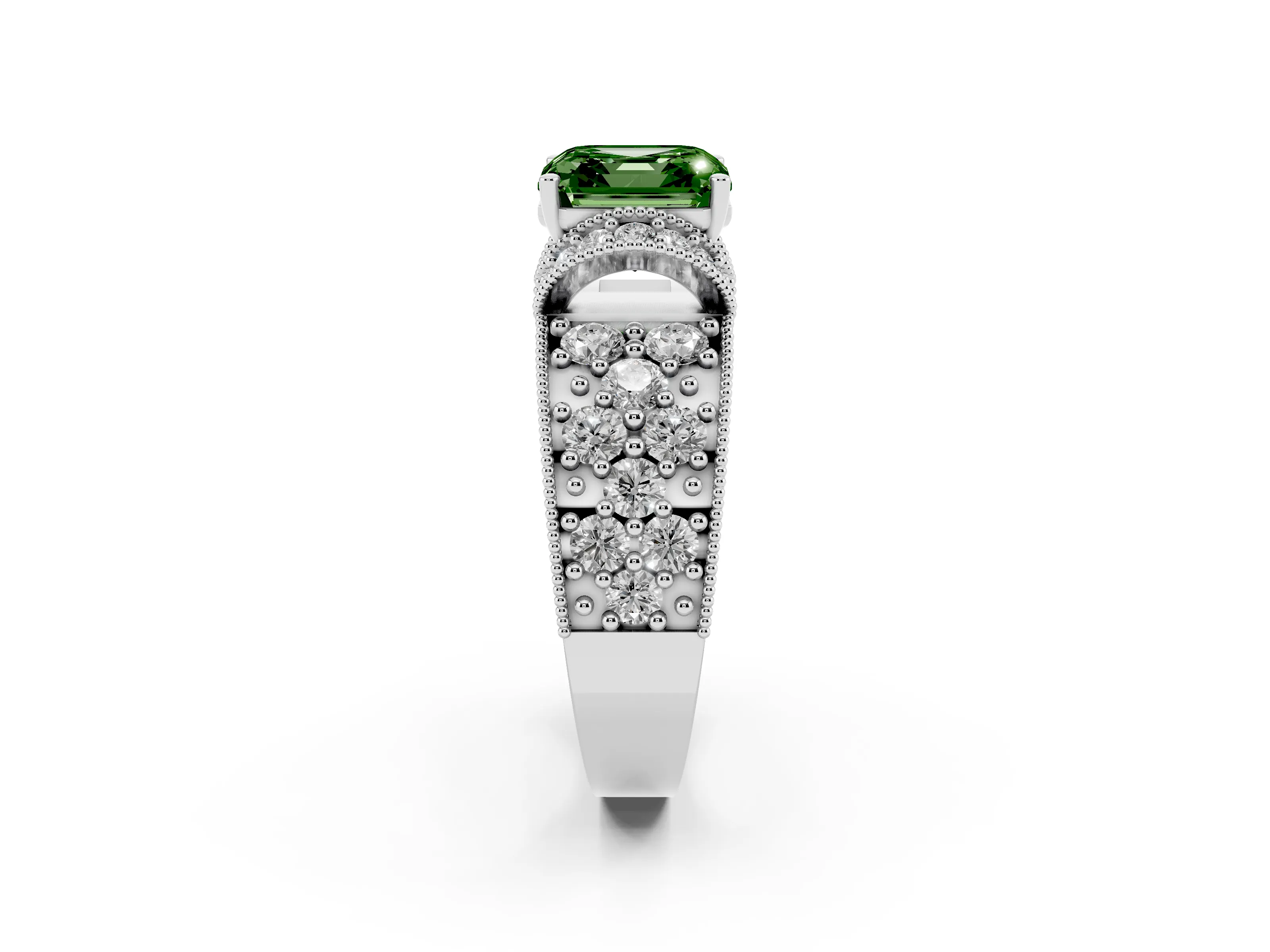 Fancy Green Asscher Cut Diamond Milgrain Halo Pavé Engagement Ring Set in Platinum with Prong Setting