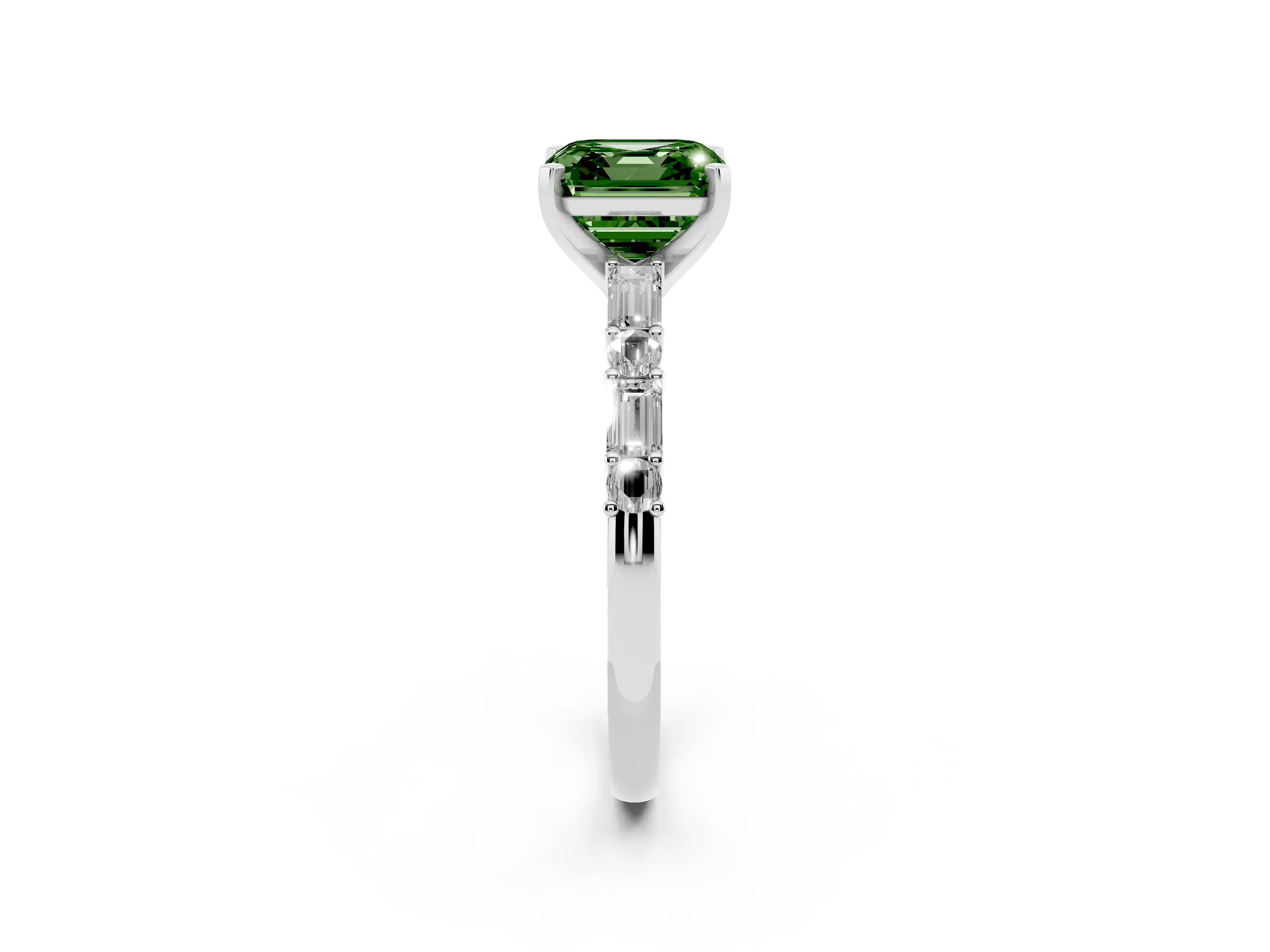 Fancy Green Asscher Cut Diamond Solitaire Set in White gold with Side Baguettes and Channel Set Band