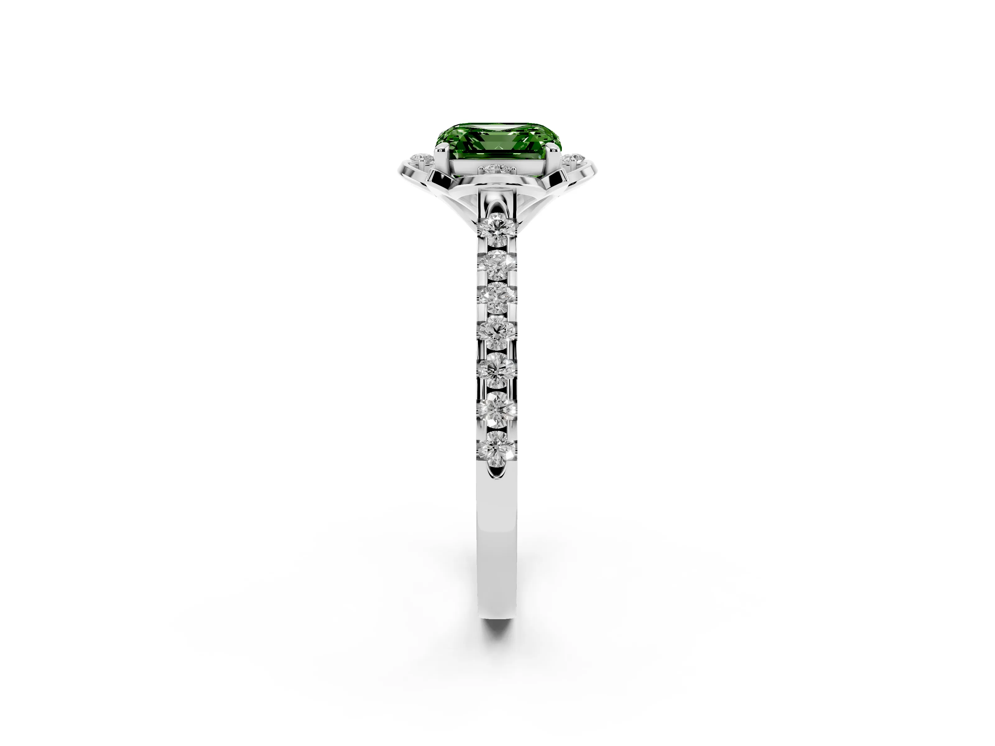 Fancy Green Asscher Cut Diamond Solitaire Ring Set in White gold with Pavé Band and Floral Prong Setting