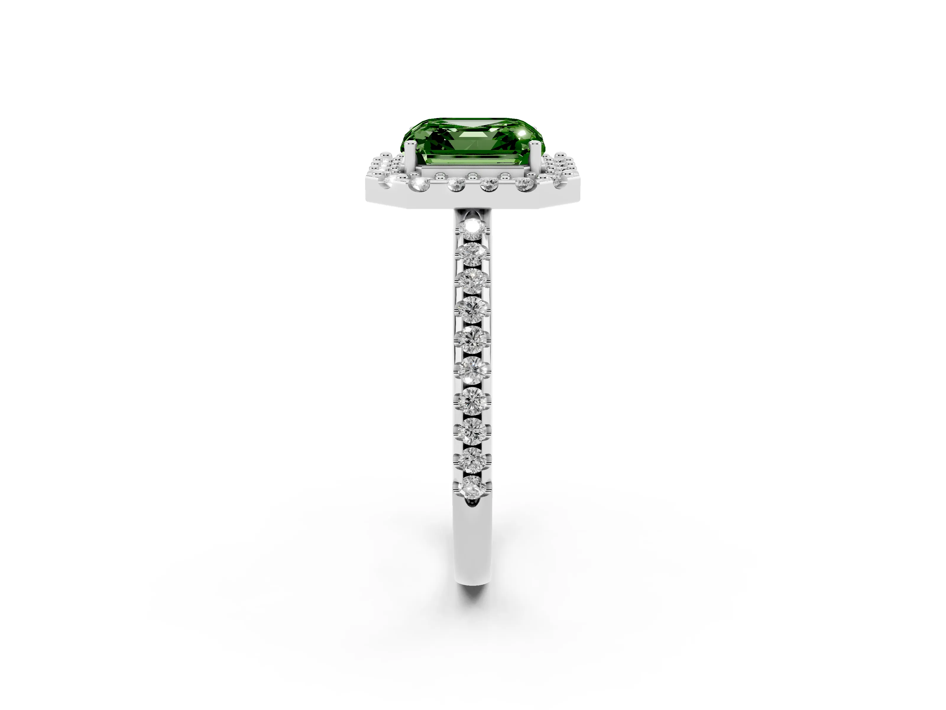 Fancy Green Asscher Cut Diamond Pavé Halo Ring Set in Silver with Prong Setting