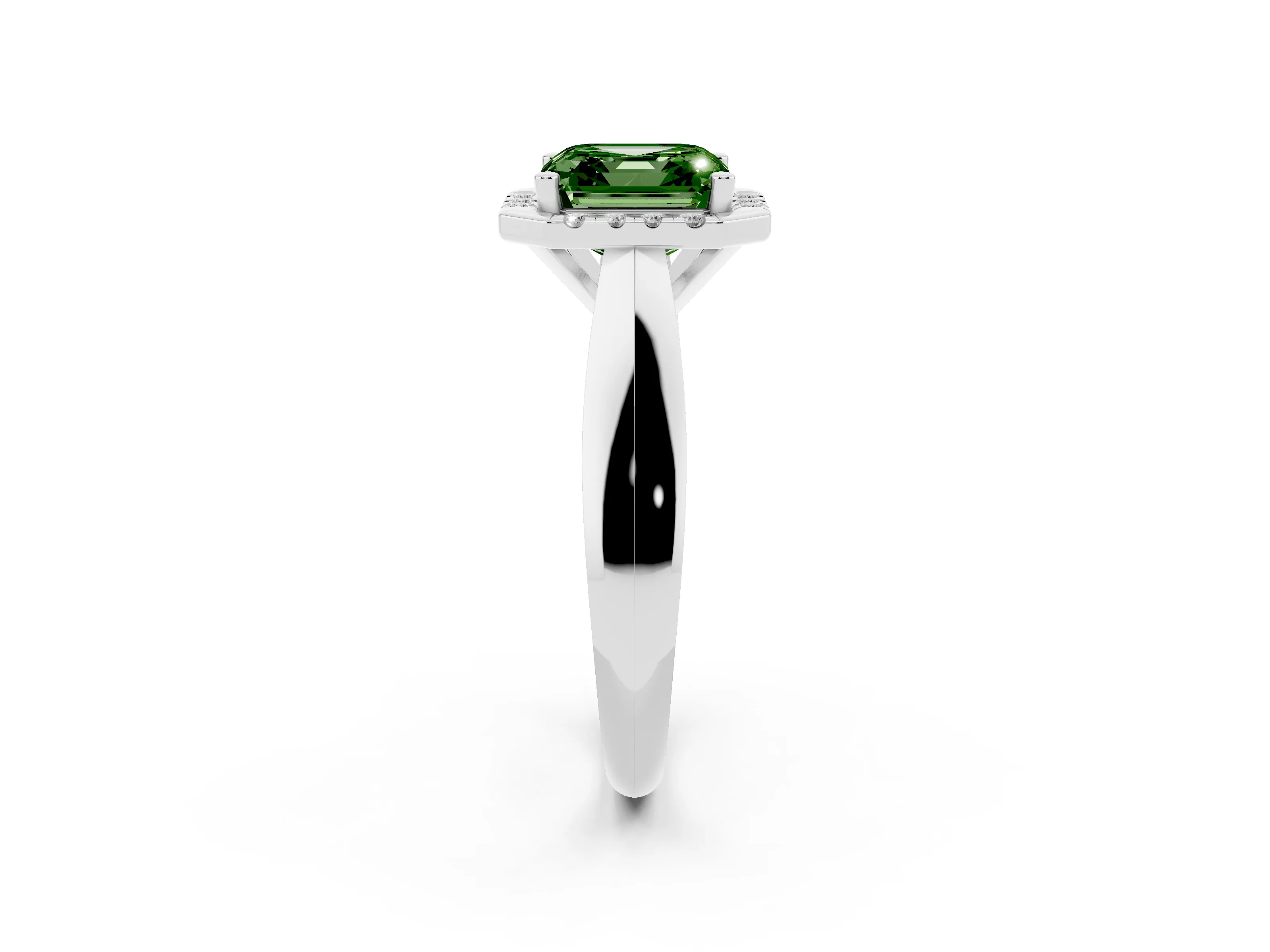 Fancy Green Asscher Cut Diamond Halo Solitaire Engagement Ring Set in Silver with Square Band and Prong Setting