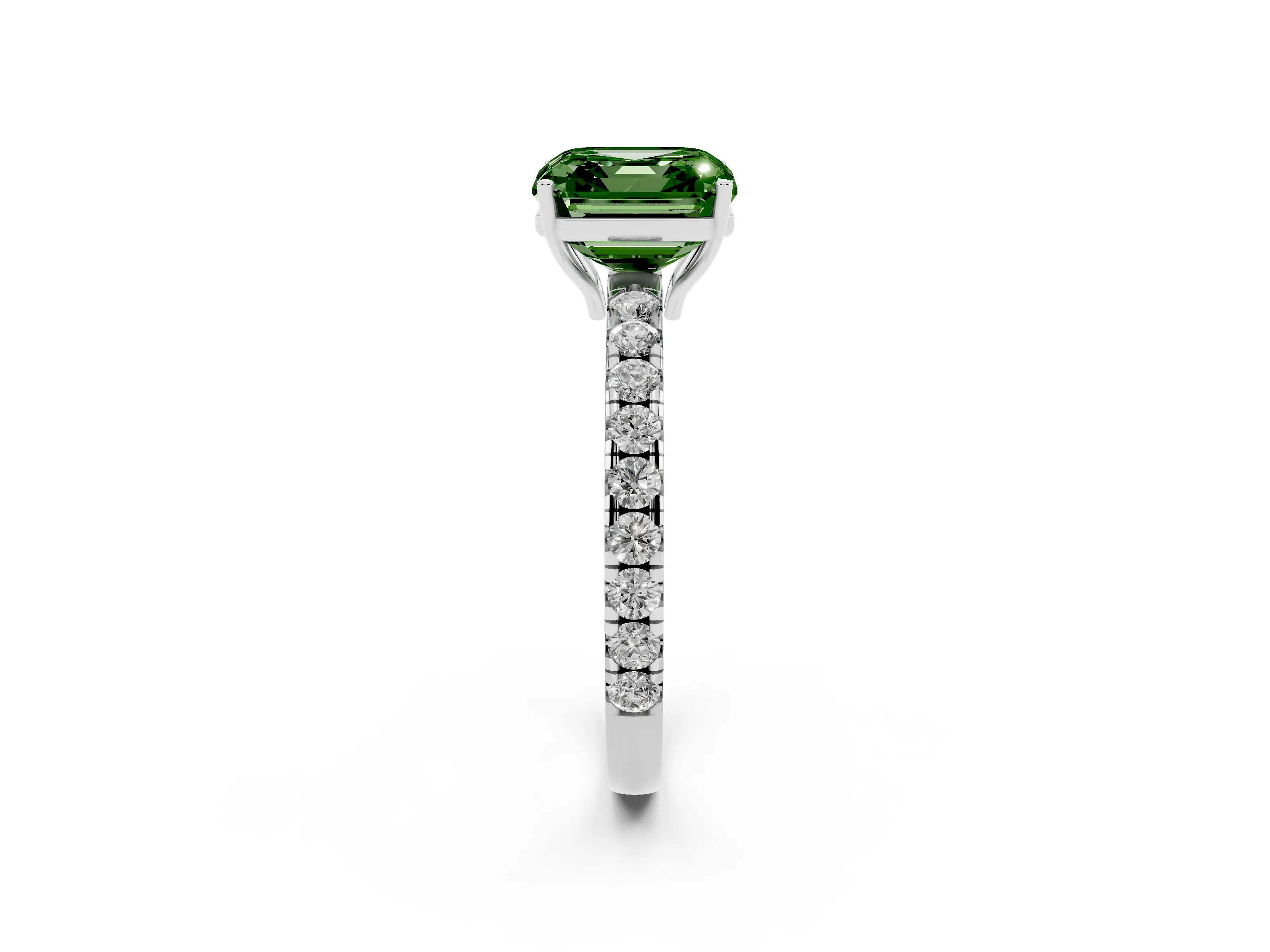 Fancy Green Asscher Cut Diamond Pavé Solitaire Engagement Ring Set in Platinum with Prong Setting