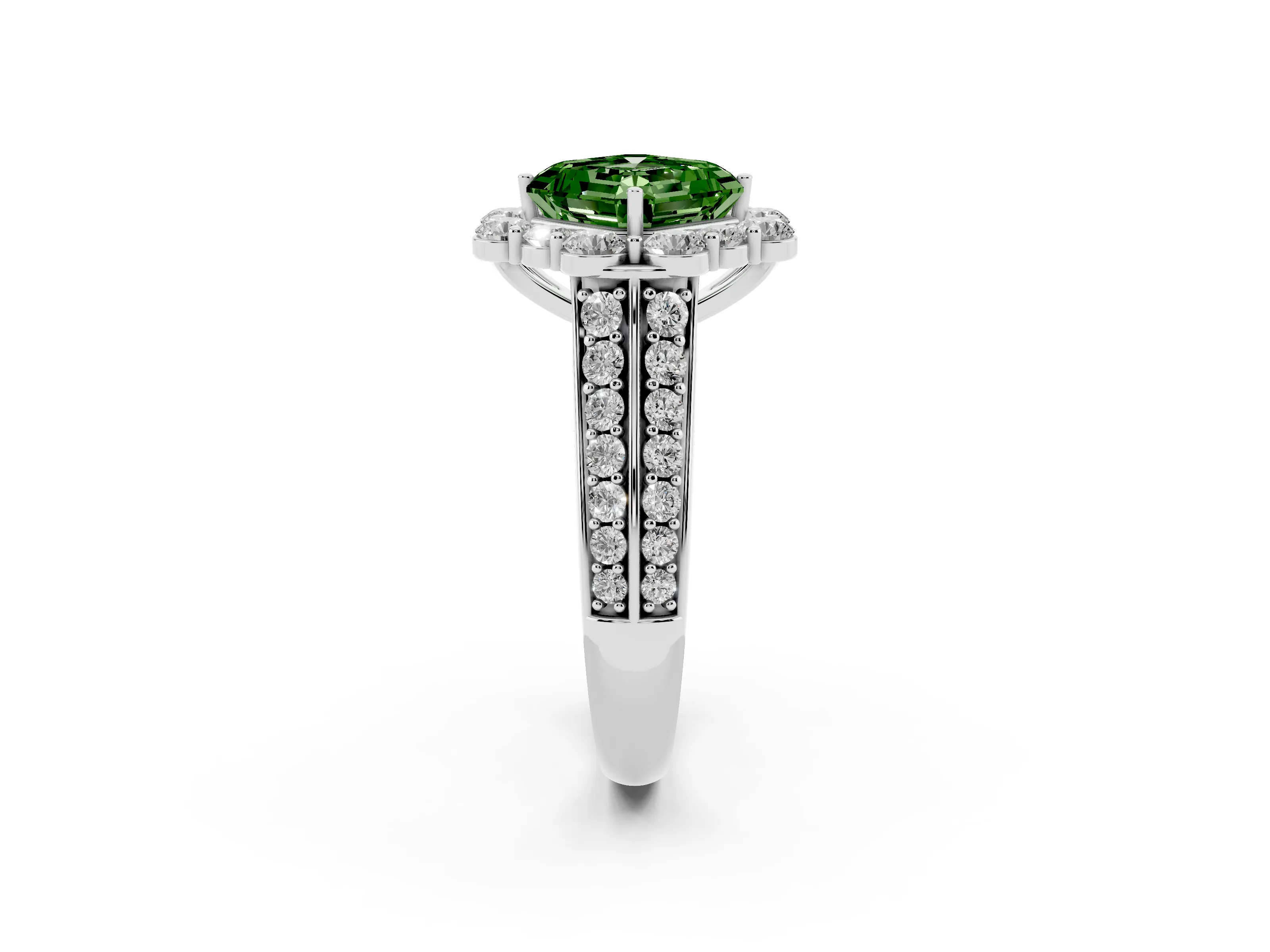 Fancy Green Asscher Cut Diamond Halo Engagement Ring Set in Silver with Split Shank and Prong Setting