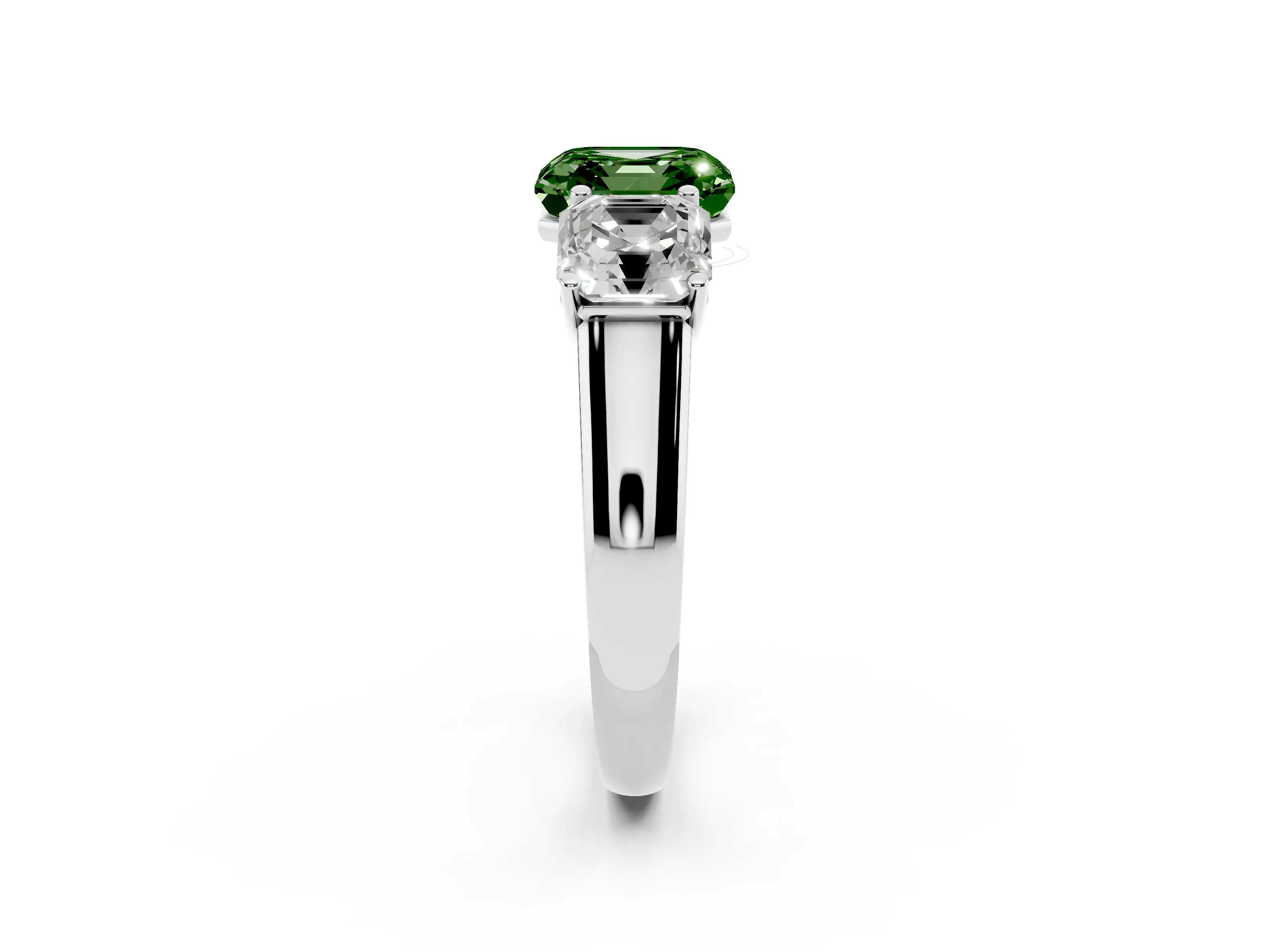 Fancy Green Asscher Cut Diamond Three-Stone Ring Set in White gold with Plain Polished Band