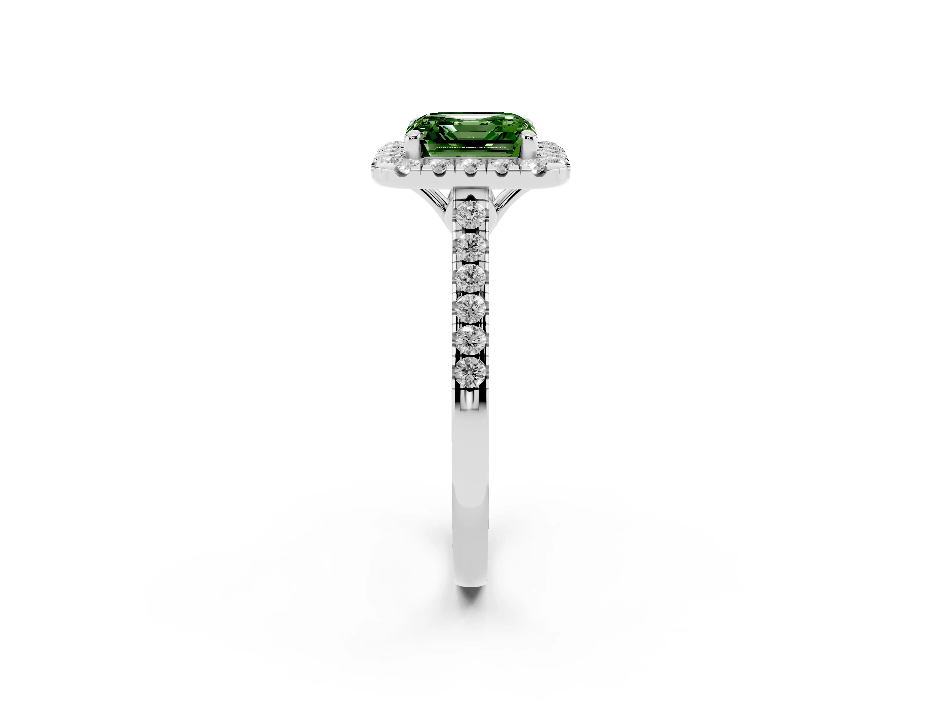 Fancy Green Asscher Cut Diamond Pavé Halo Engagement Ring Set in White gold with Pavé Band and Prong Setting