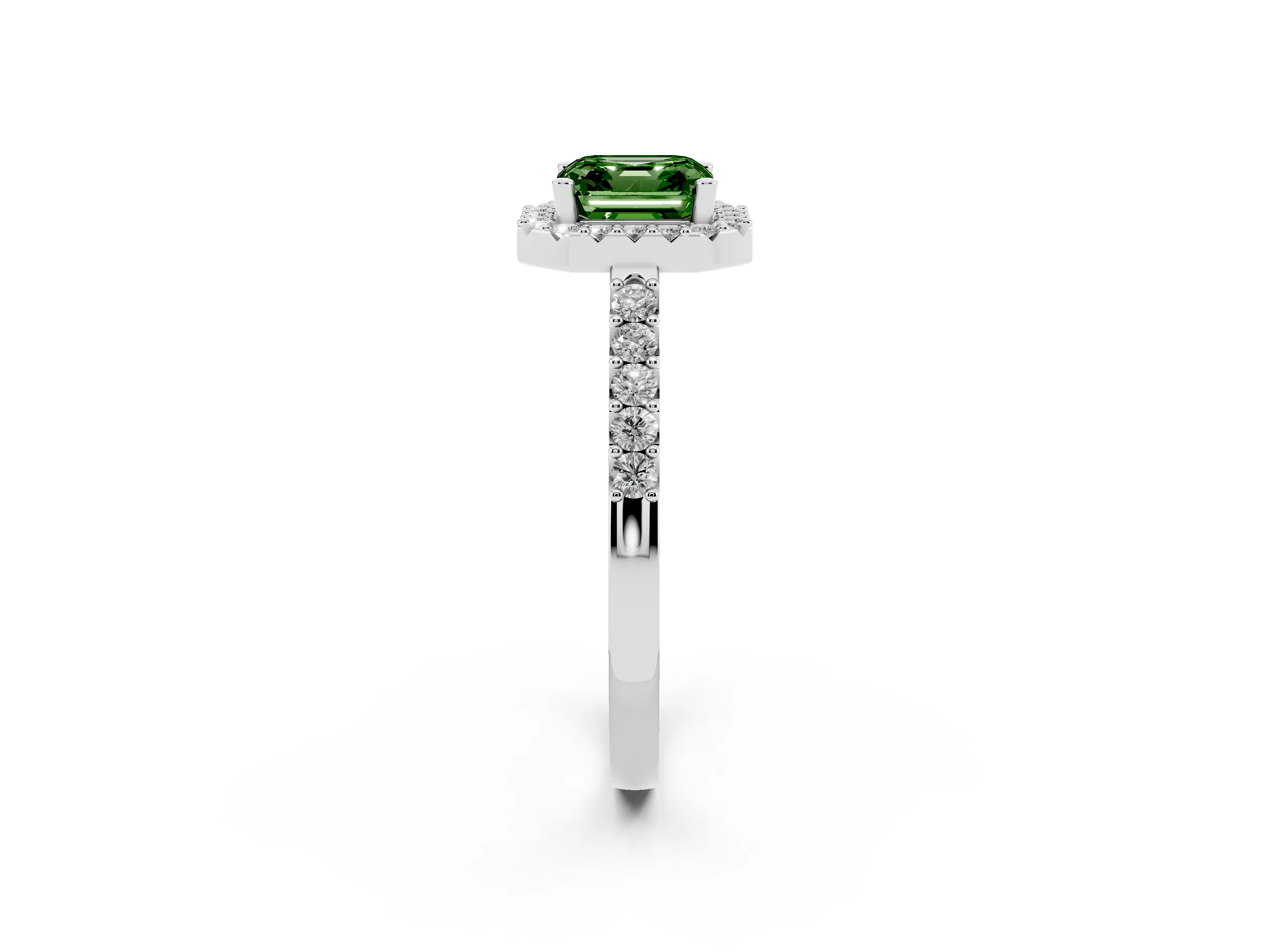 Fancy Green Asscher Cut Diamond Halo Pavé Solitaire Ring Set in White gold with Prong-Set Center Stone