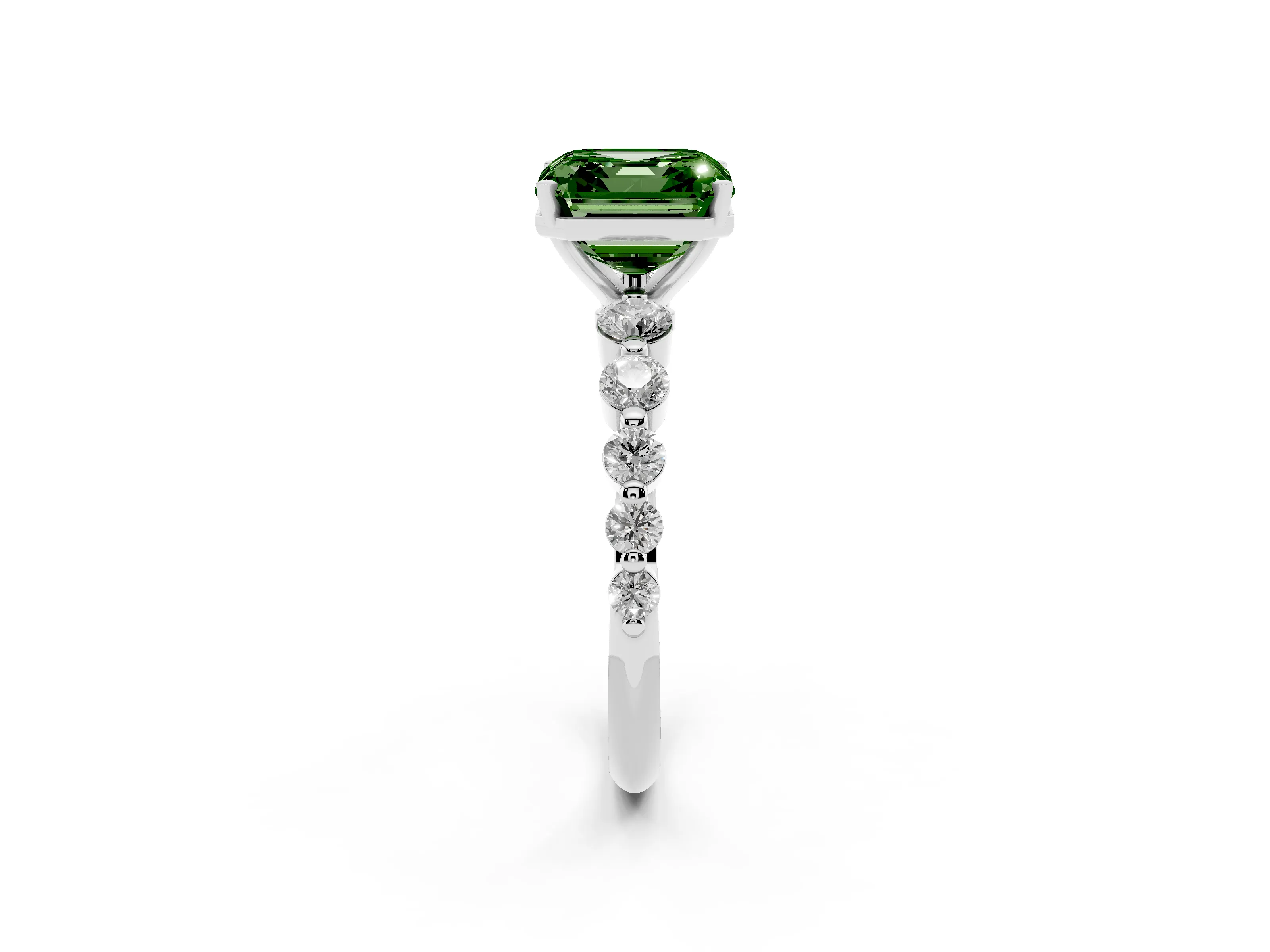 Fancy Green Asscher Cut Diamond Solitaire Ring Set in Platinum with Pavé Band and Prong Setting