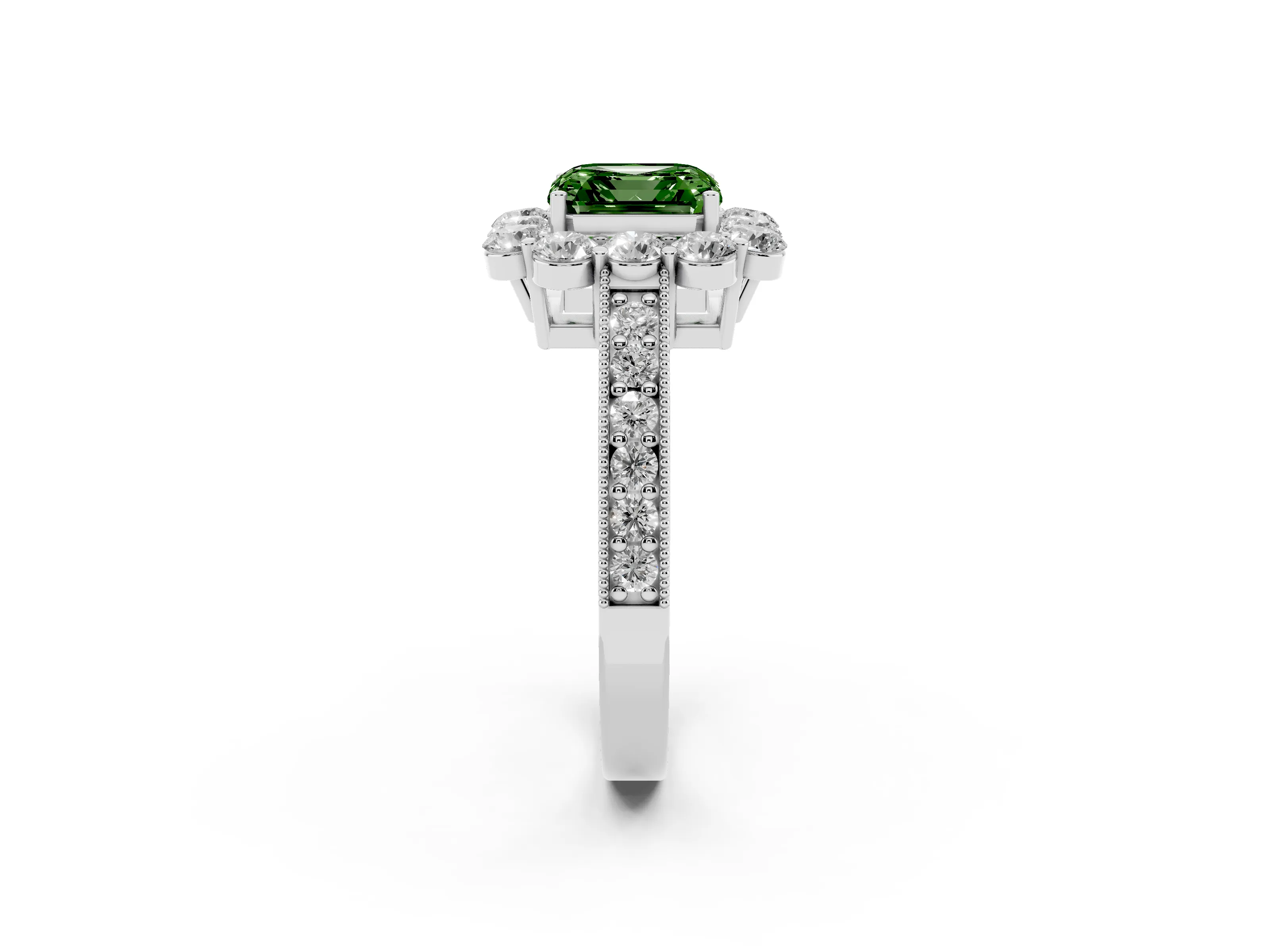 Fancy Green Asscher Cut Diamond Halo Pavé Engagement Ring Set in White gold with Milgrain Detailing