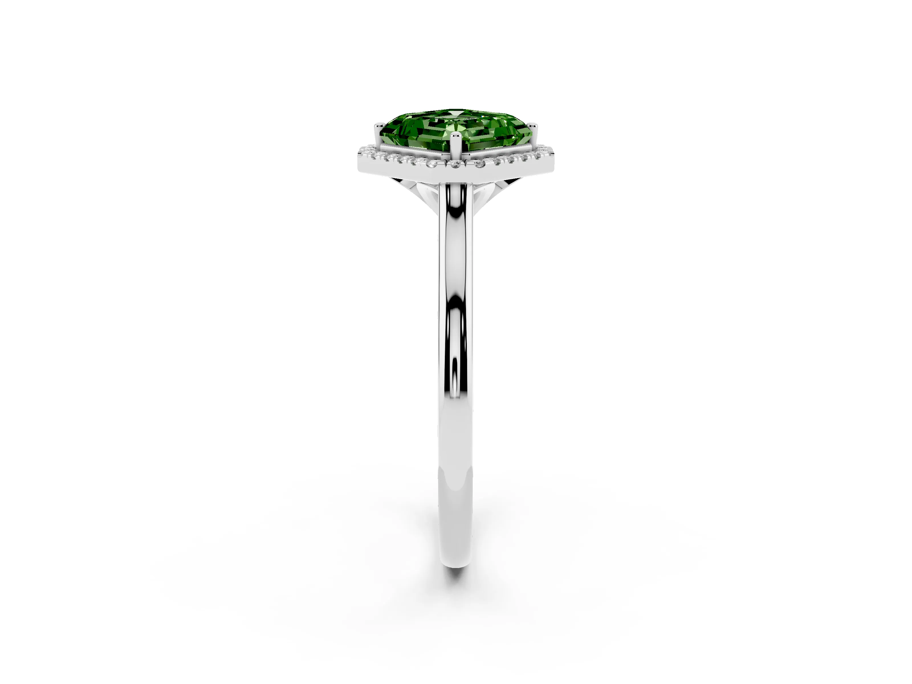 Fancy Green Asscher Cut Diamond Halo Engagement Ring Set in White gold with Pavé Band and Rising Shoulders