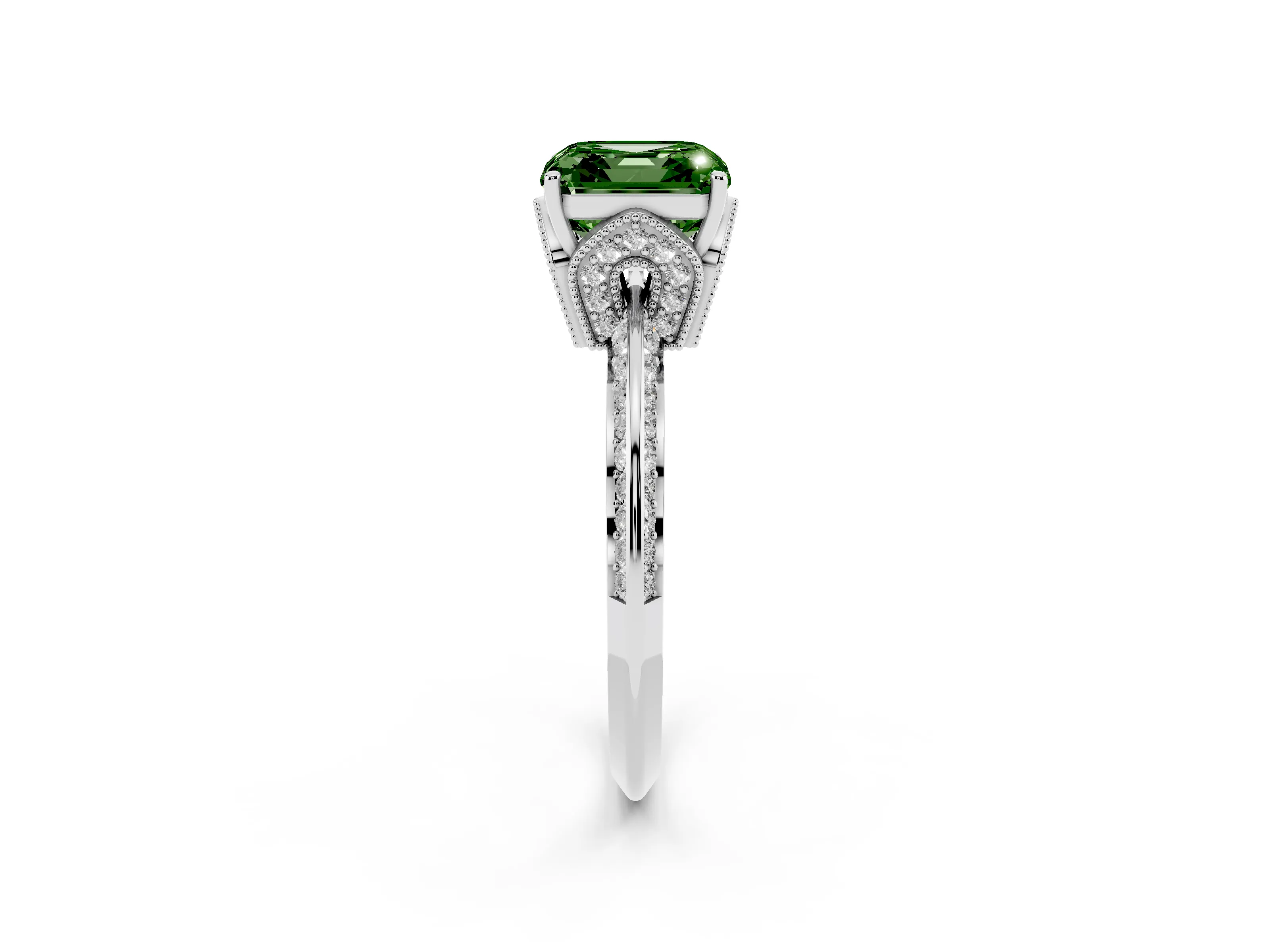 Fancy Green Asscher Cut Diamond Solitaire Engagement Ring Set in White gold with Pavé Split Shank and Prong Setting