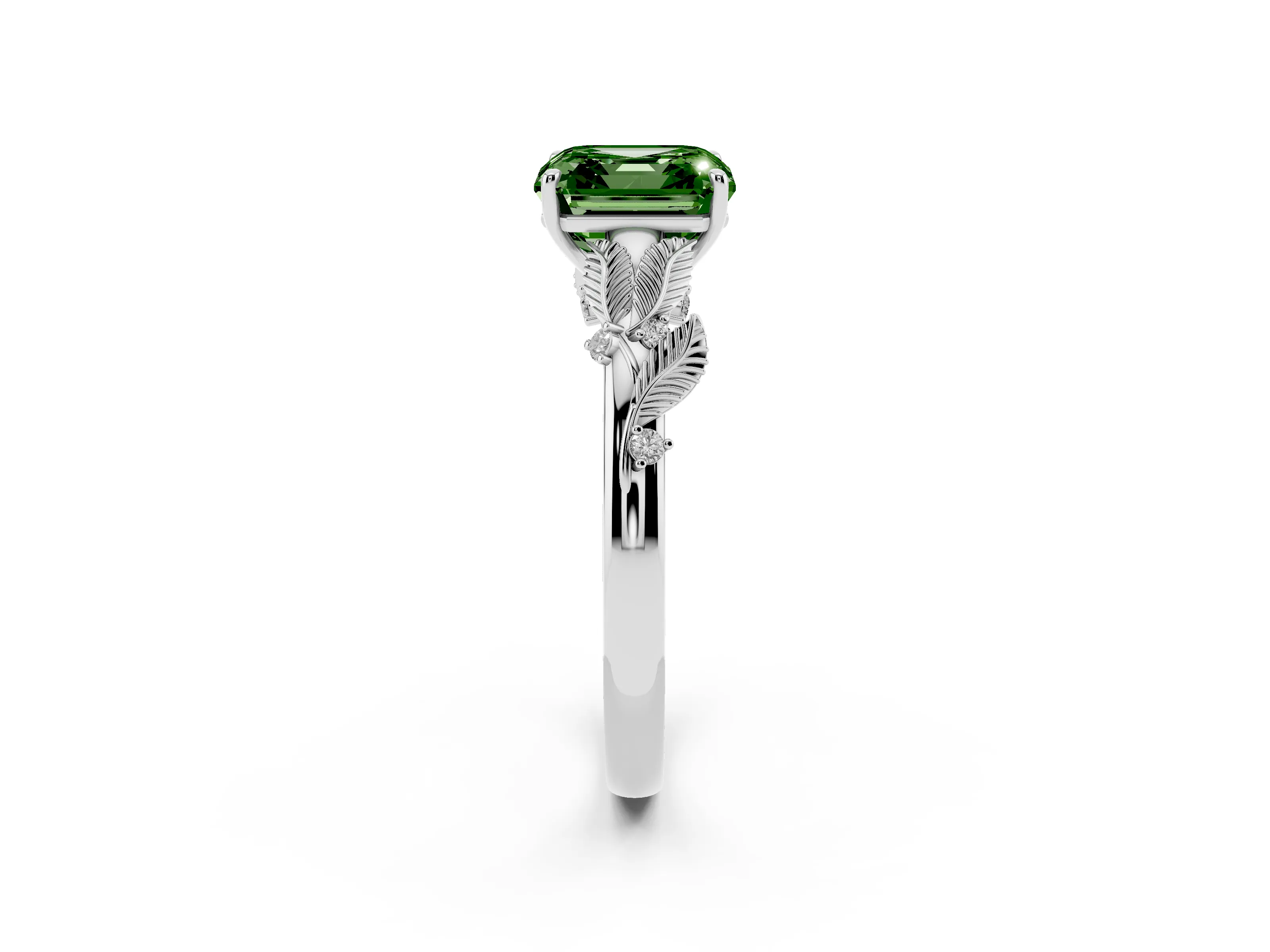 Fancy Green Asscher Cut Diamond Solitaire Ring Set in White gold with Leaf Motif Band