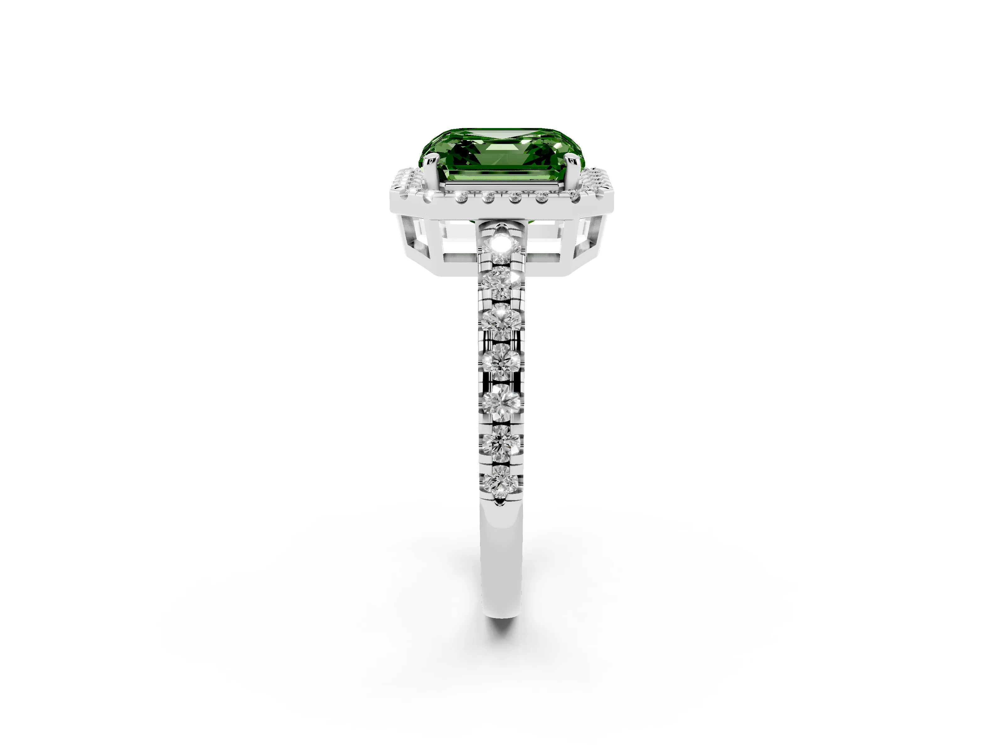 Fancy Green Asscher Cut Diamond Halo Ring Set in Silver with Delicate Pavé Band and Prong Setting