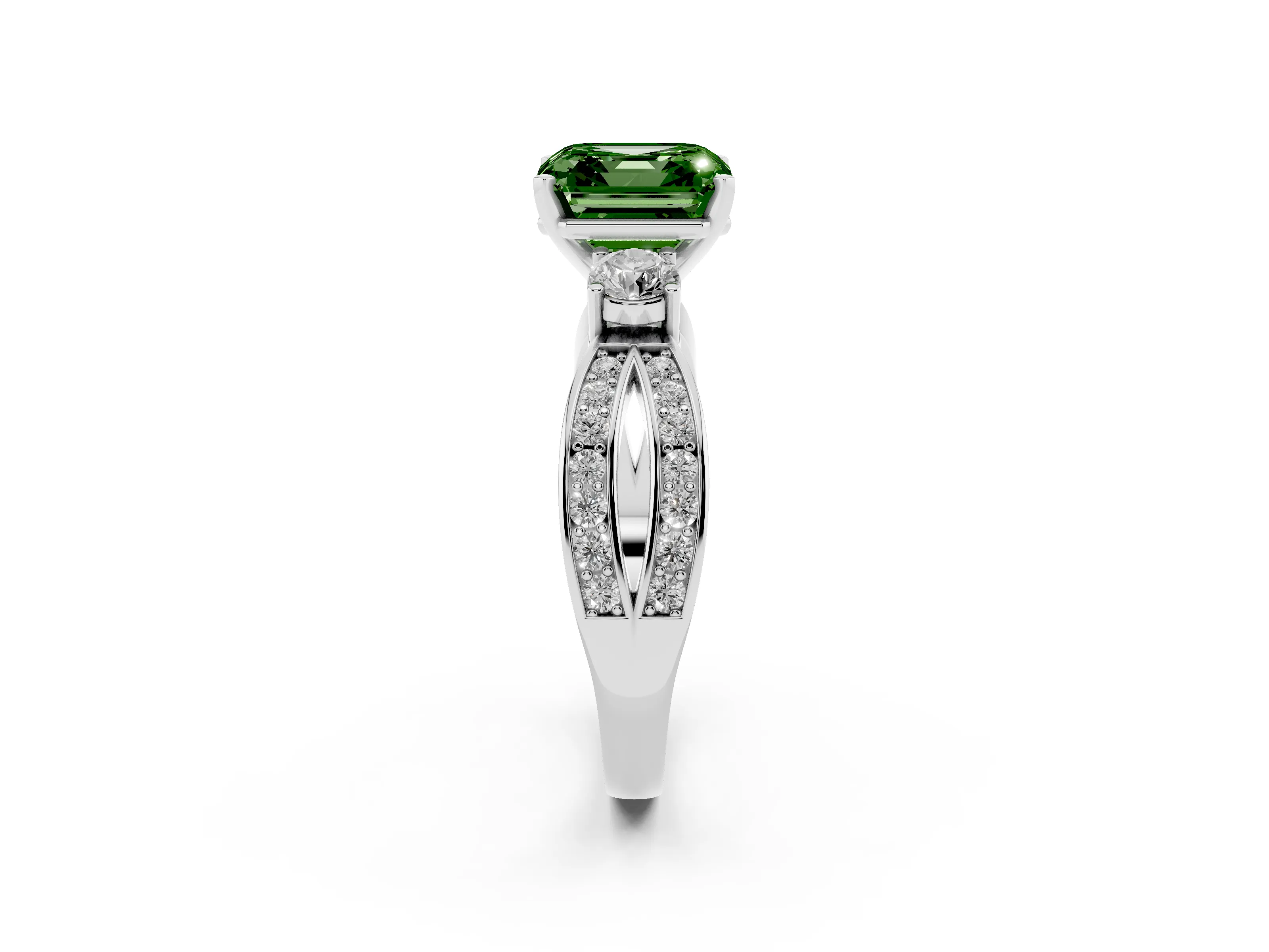 Fancy Green Three-Stone Asscher Cut Diamond Twist Band Ring Set in White gold with Pavé Accents and Prong Setting