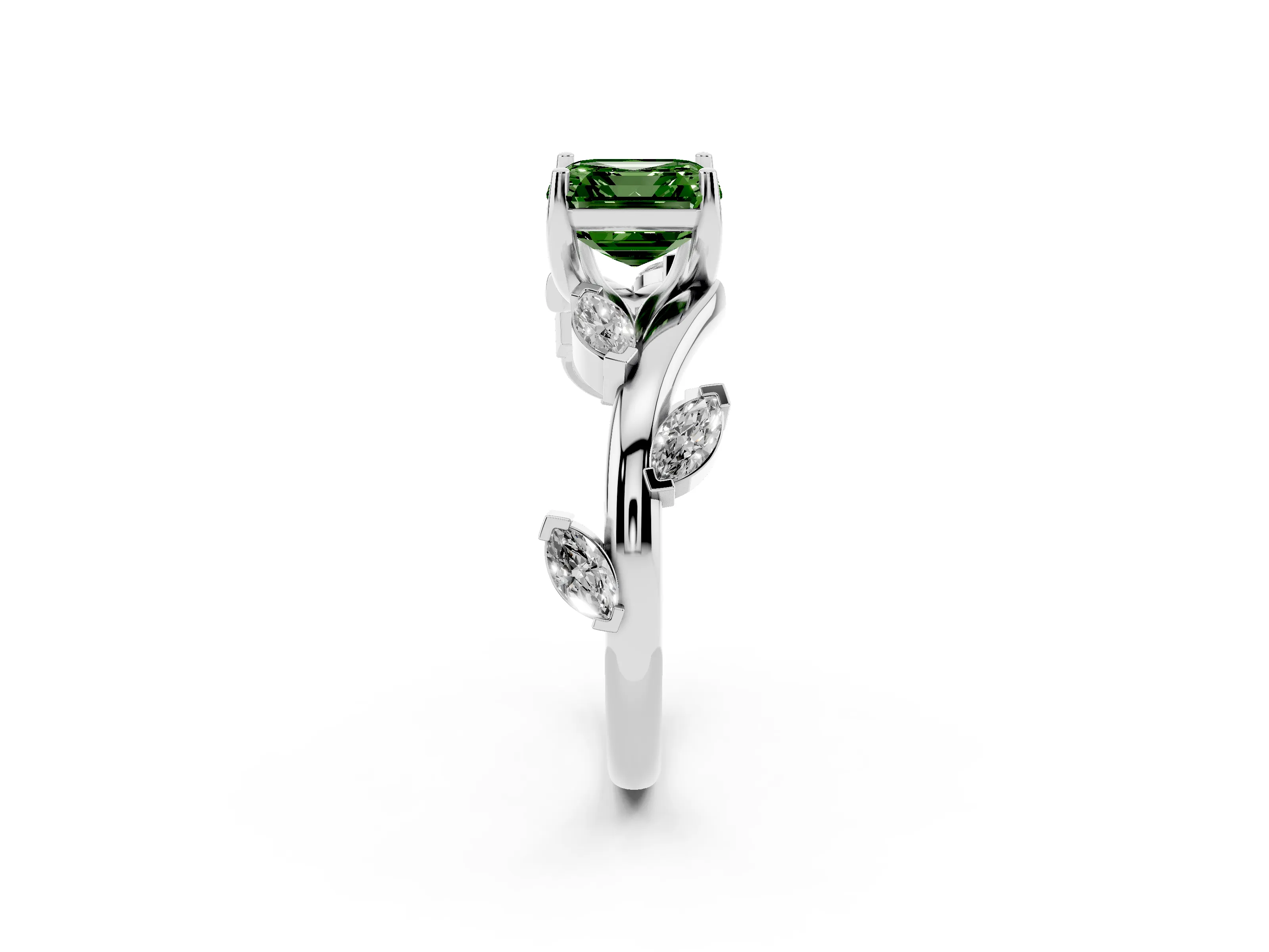 Fancy Green Asscher Cut Diamond Solitaire Ring Set in White gold with Twisted Marquise Accent Band