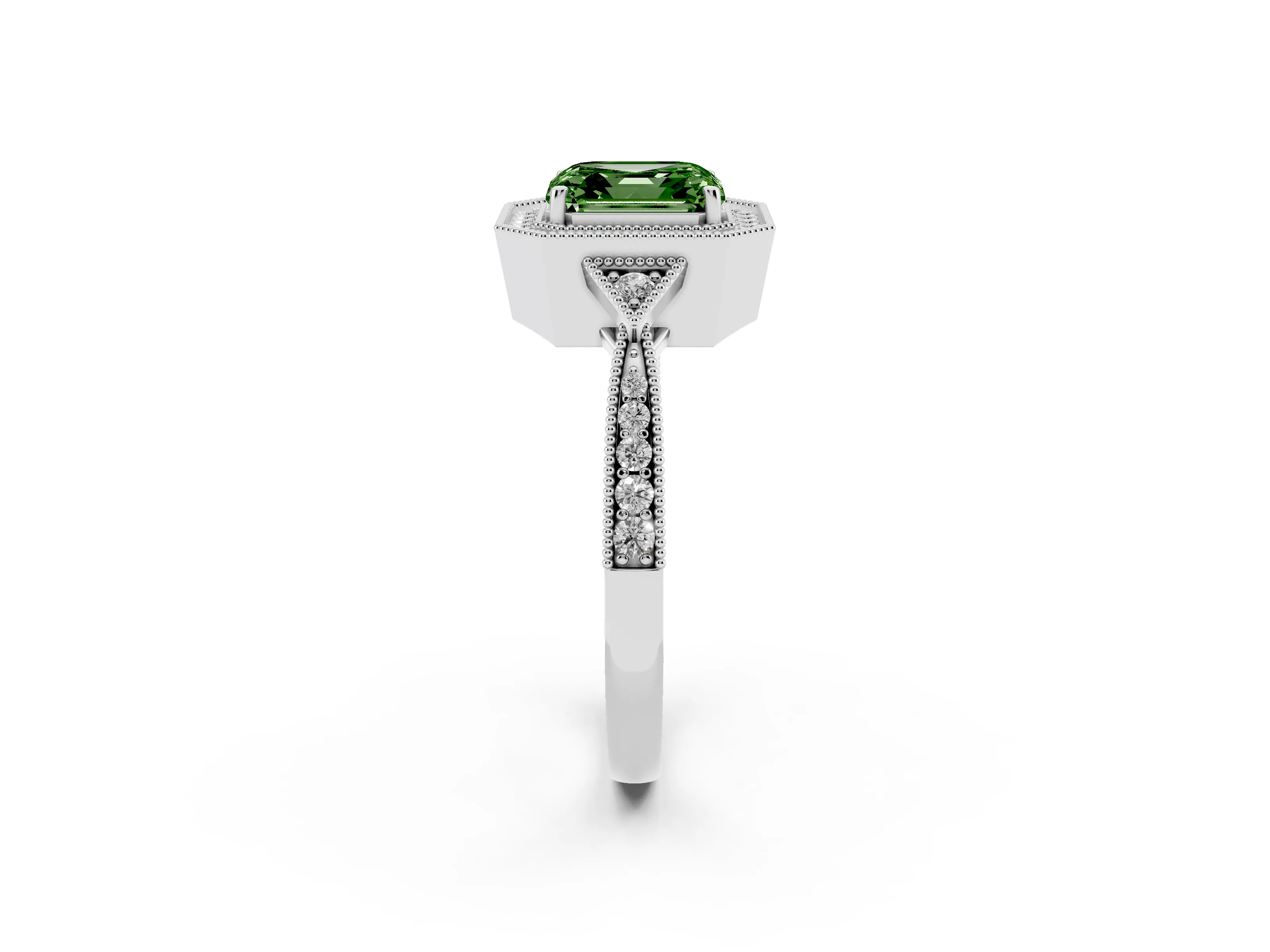 Fancy Green Asscher Cut Diamond Halo Engagement Ring Set in White gold with Milgrain Pavé Band