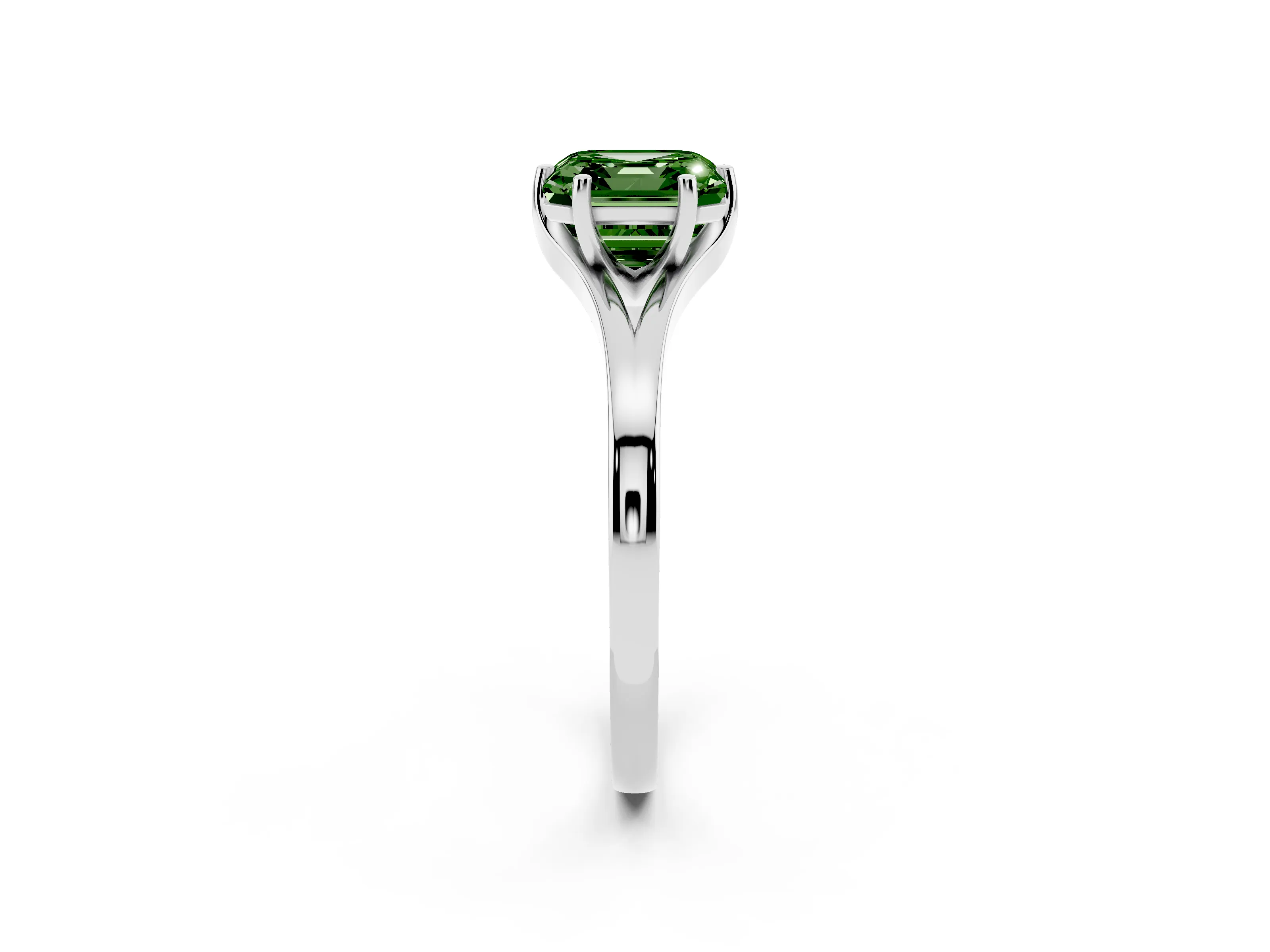 Fancy Green Asscher Cut Diamond Solitaire Ring Set in White gold with Polished Tapered Band and Prong Setting