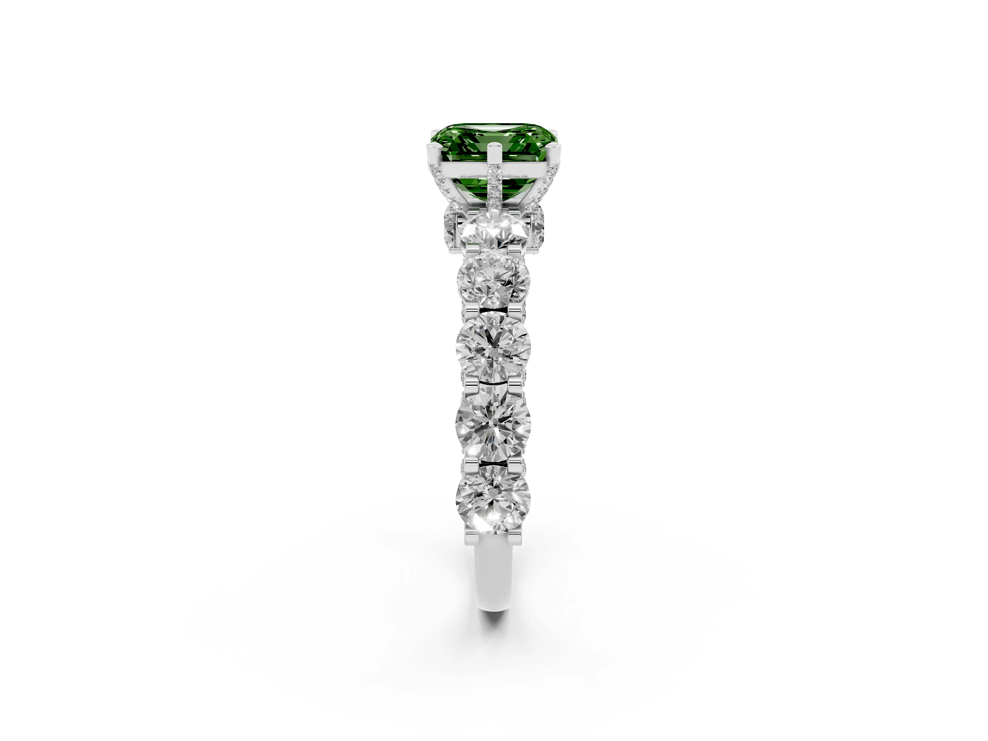 Fancy Green Asscher Cut Diamond Side Stone Ring Set in Silver with Alternating Round and Oval Side Stones