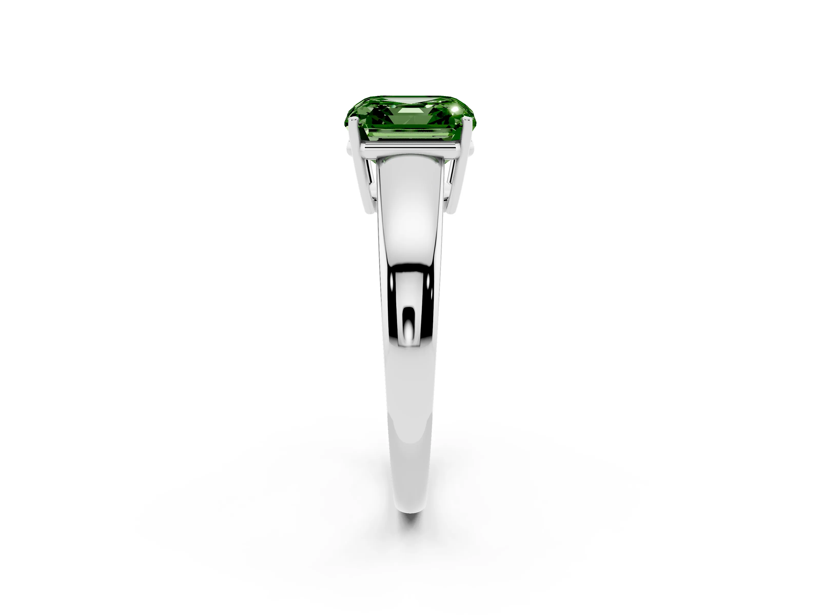 Fancy Green Asscher Cut Diamond Solitaire Ring Set in White gold with Tapered Band and Prong Setting