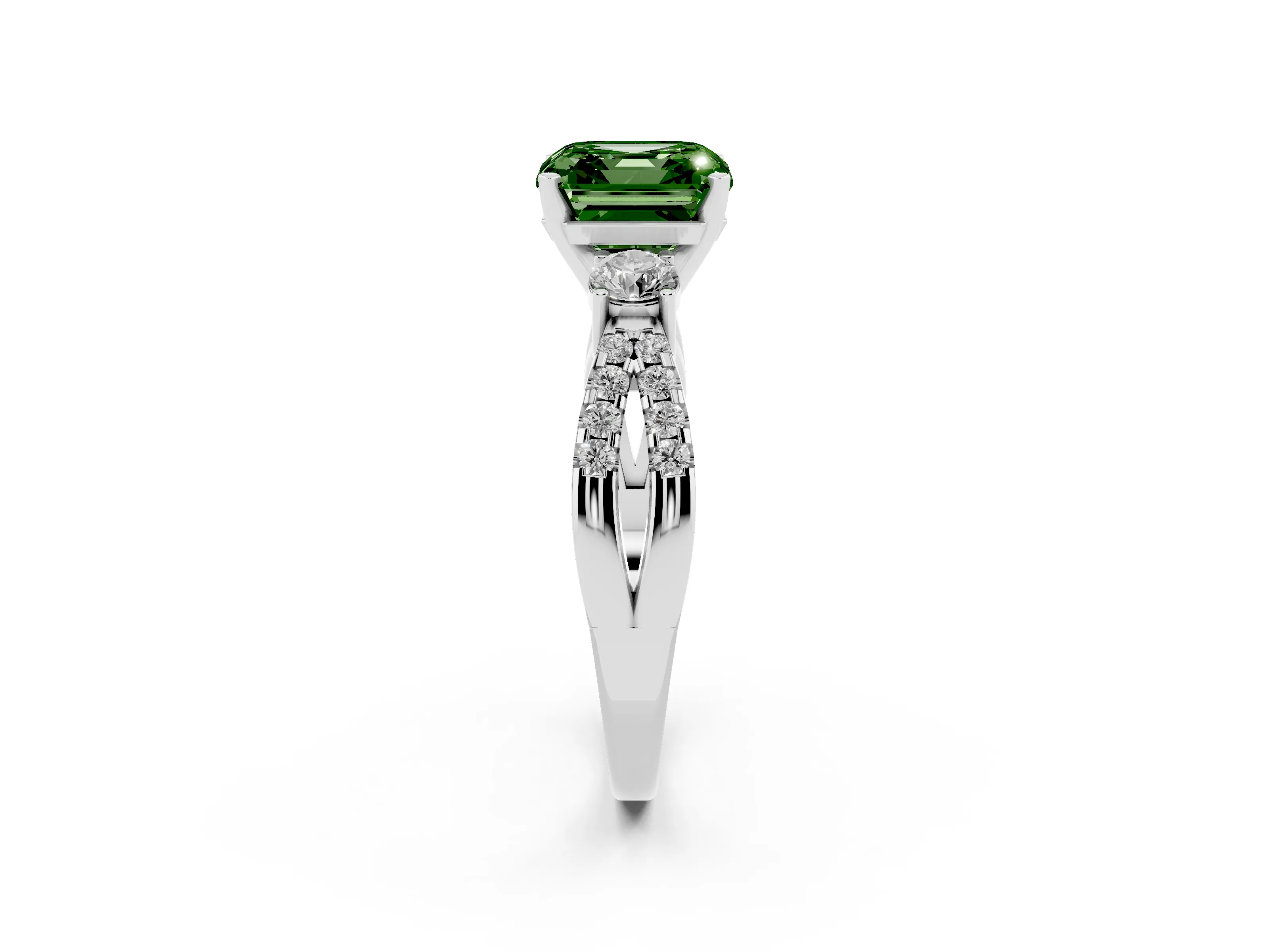 Fancy Green Asscher Cut Diamond Three-Stone Ring Set in Platinum with Pavé Split Shank and Prong Setting