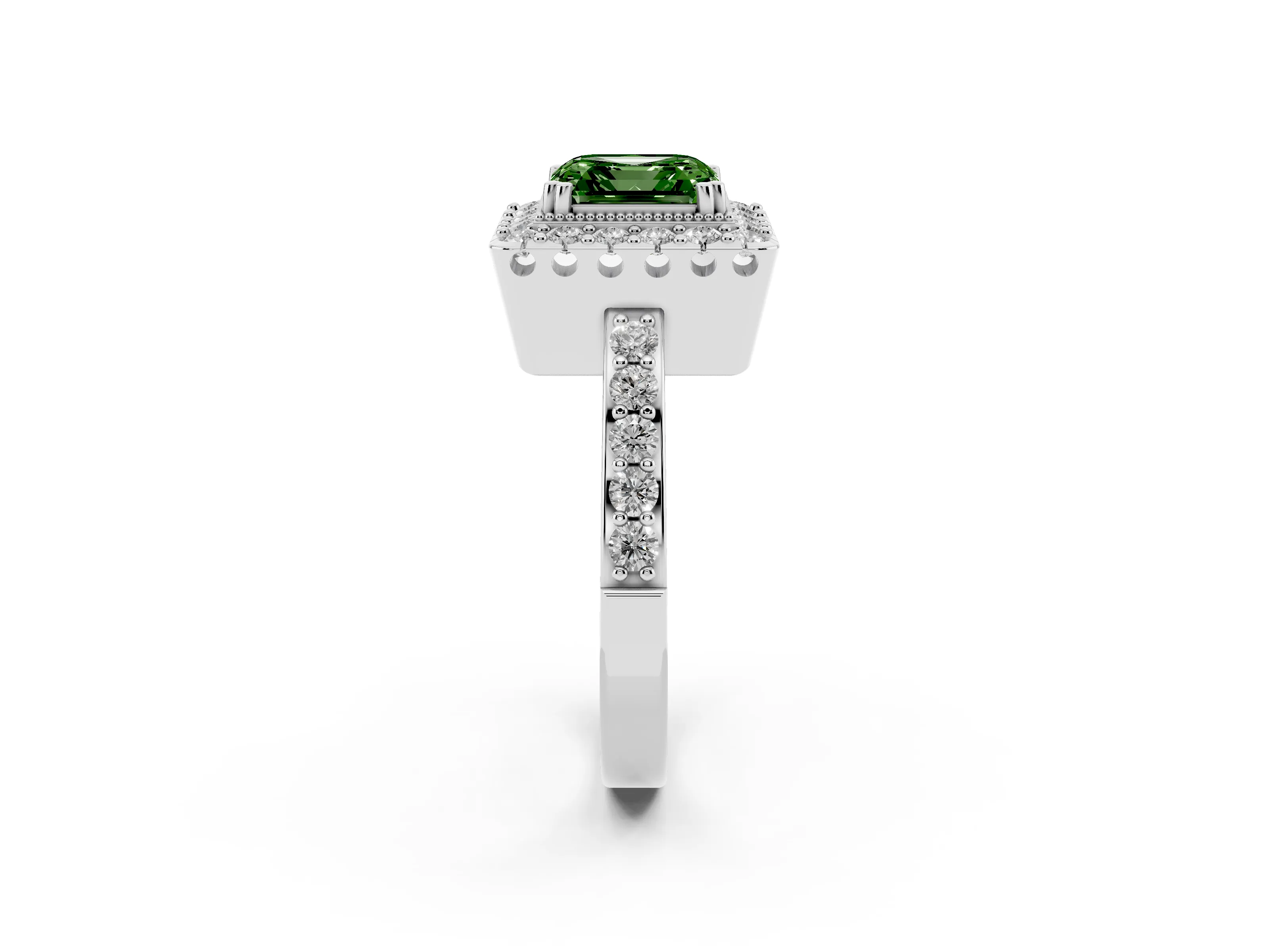 Fancy Green Asscher Cut Diamond Halo Ring Set in White gold with Pavé Shank and Prong Setting