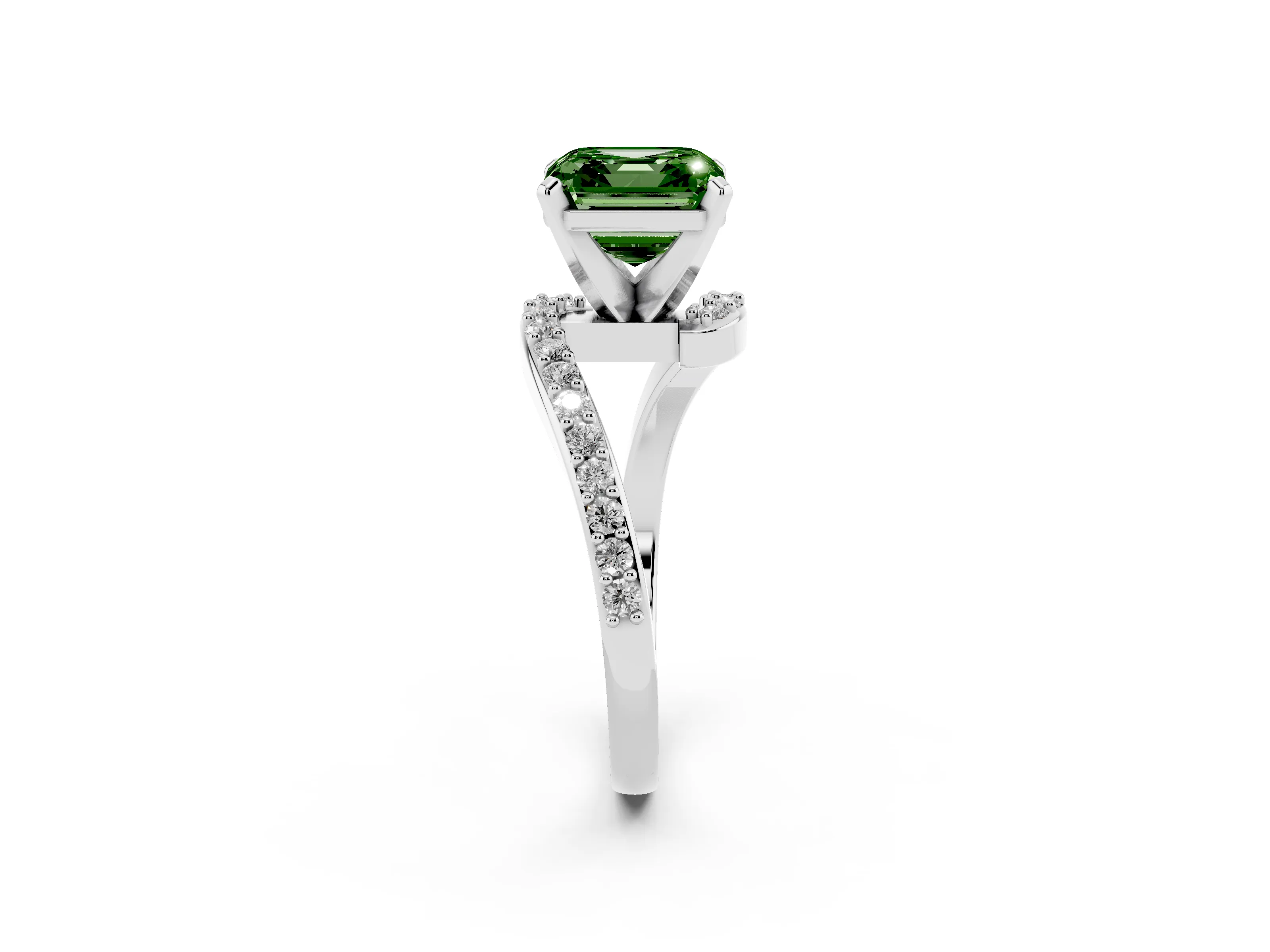Fancy Green Asscher Cut Diamond Solitaire Ring Set in Platinum with Pavé Twist Band and Prong Setting