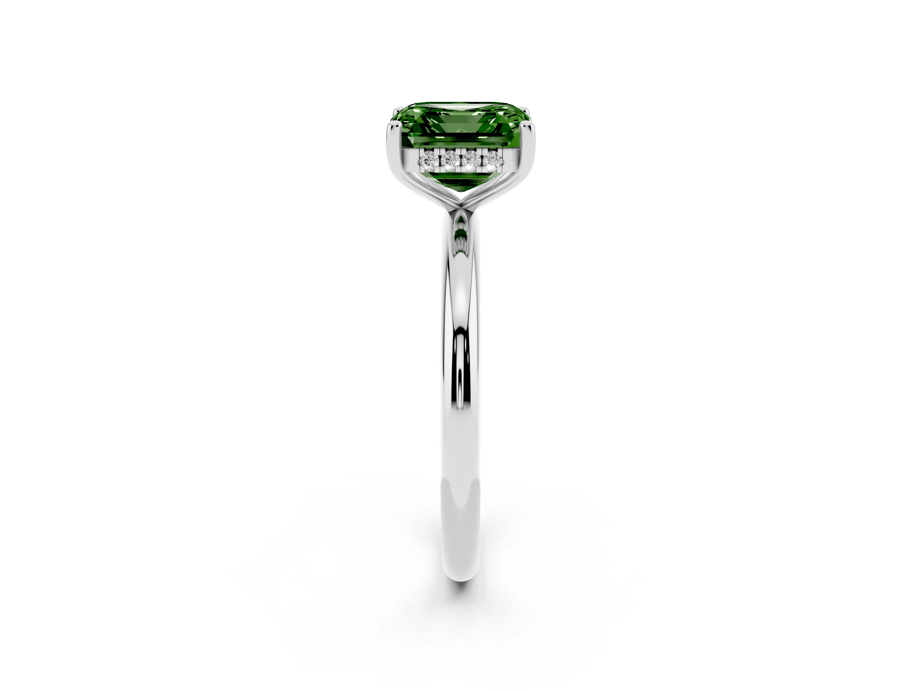 Fancy Green Asscher Cut Diamond Solitaire Engagement Ring Set in Platinum with Prong Setting and Polished Band