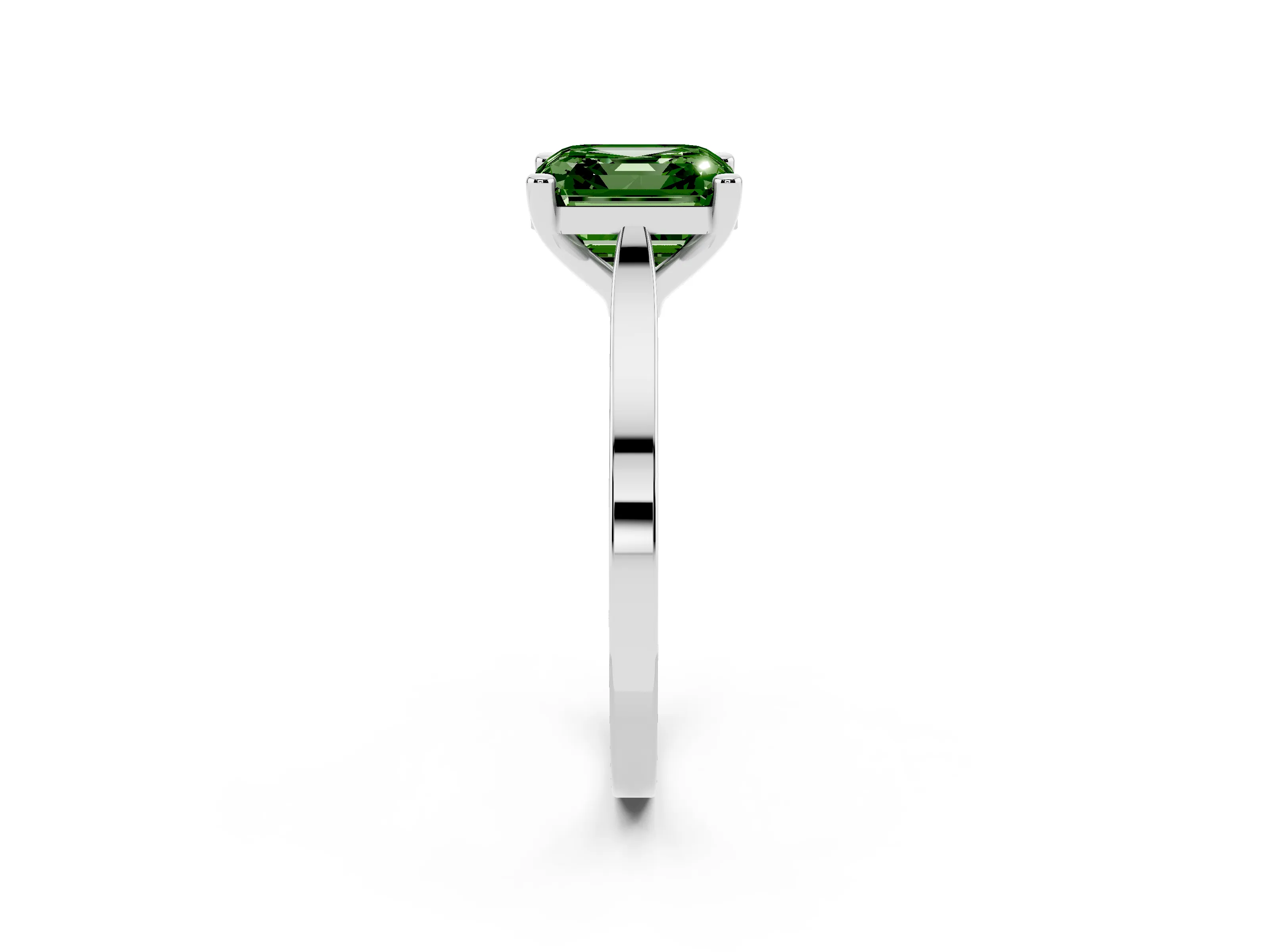 Fancy Green Asscher Cut Diamond Solitaire Ring Set in White gold with Prong Setting and Tapered Band
