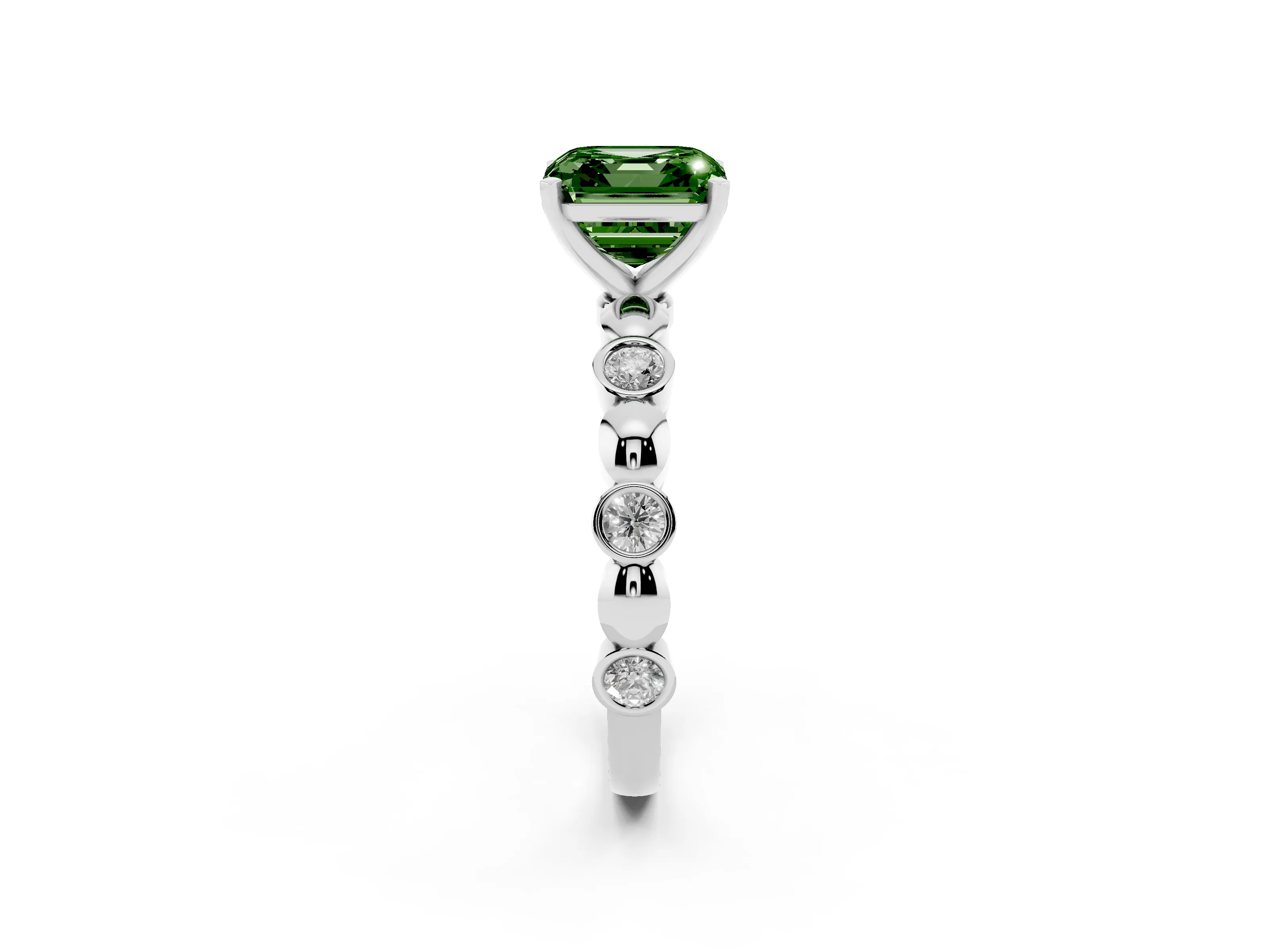 Fancy Green Asscher Cut Diamond Solitaire Ring Set in Platinum with Bezel-Set Accents on Beaded Band and Prong Setting