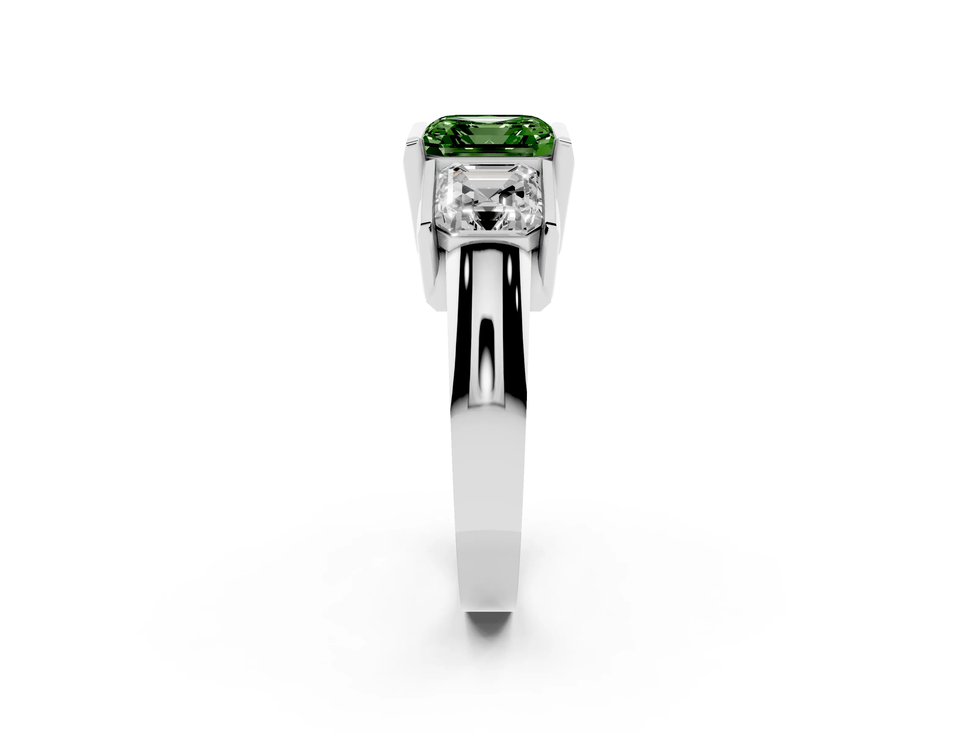 Fancy Green Asscher Cut Diamond Three-Stone Channel Set Ring Set in White gold with Smooth Polished Band