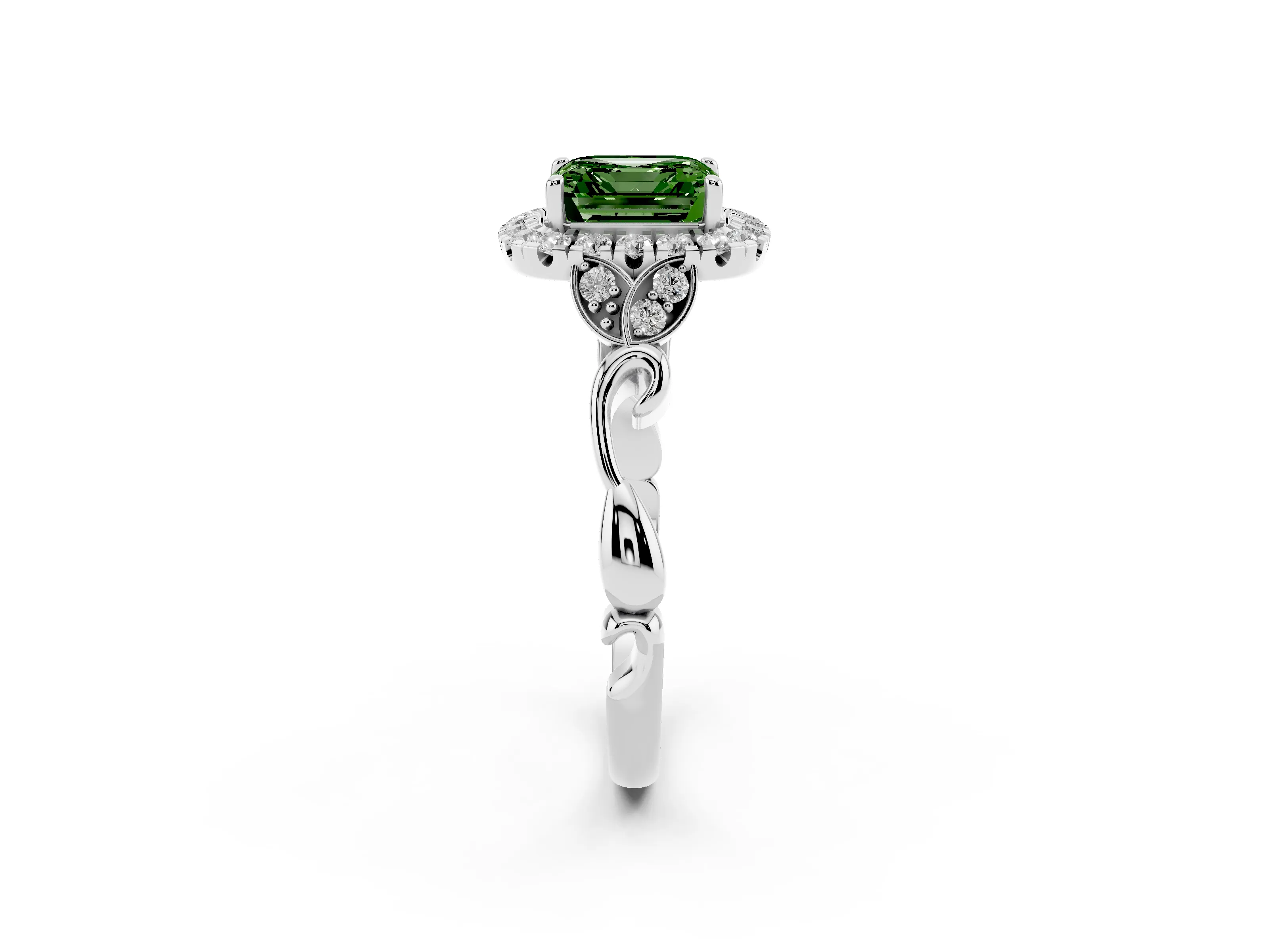 Fancy Green Asscher Cut Diamond Halo Engagement Ring Set in Silver with Vintage-Inspired Band and Prong Setting