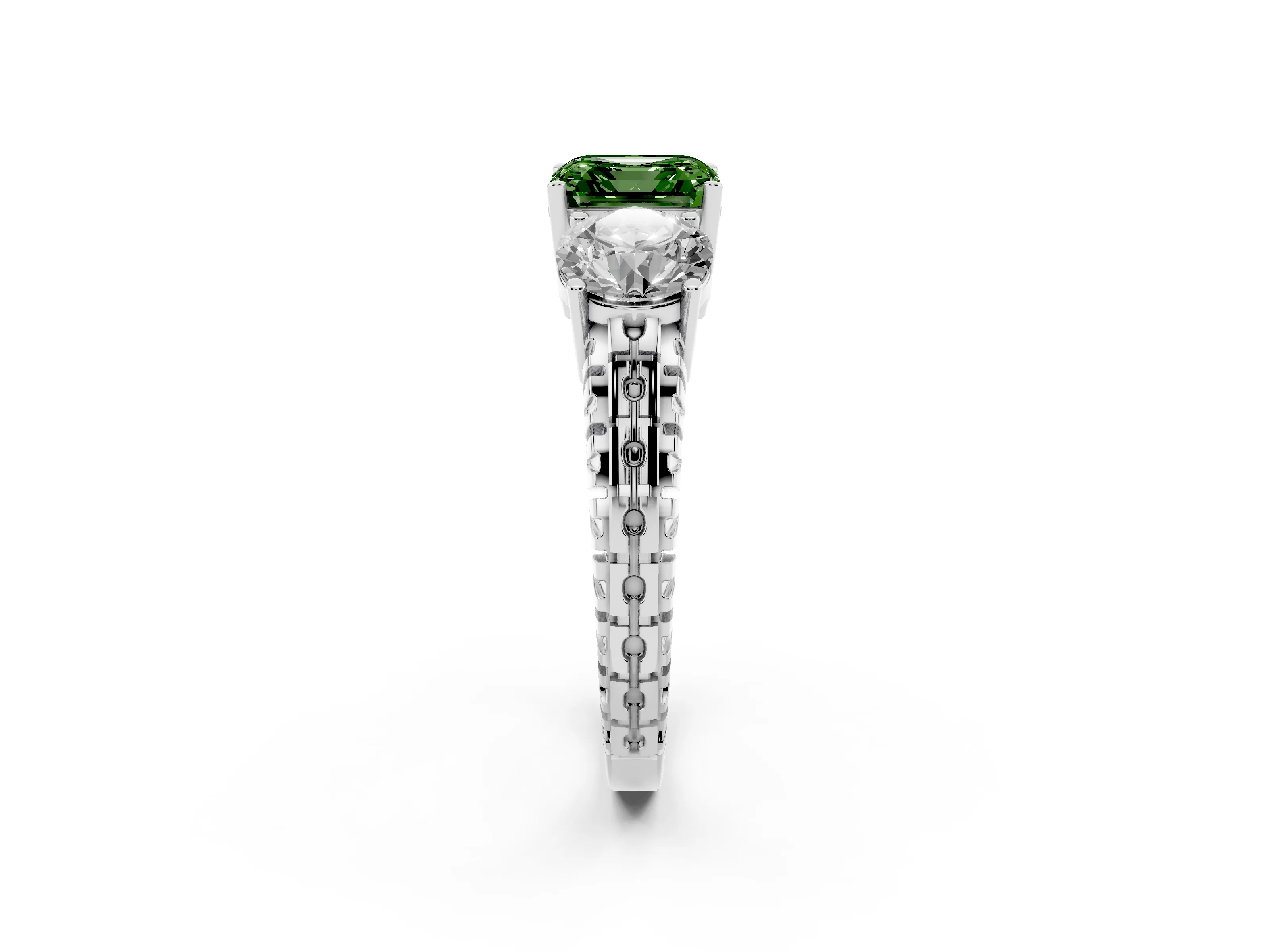 Fancy Green Asscher Cut Diamond Three-Stone Ring Set in Platinum with Channel-Set Accent Band