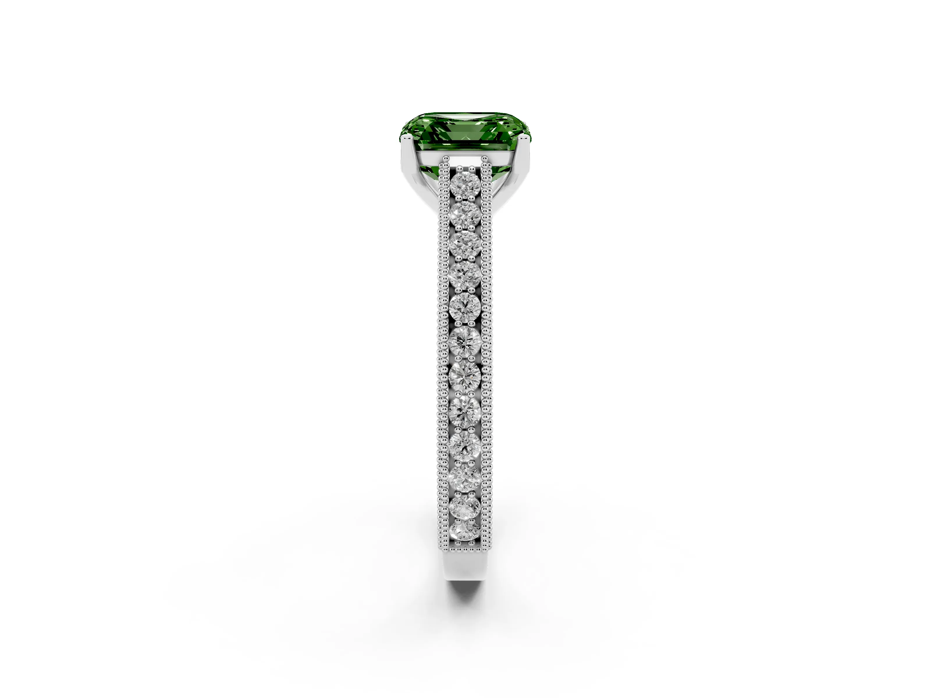 Fancy Green Asscher Cut Diamond Milgrain Pavé Band Solitaire Ring Set in Platinum with Prong Setting