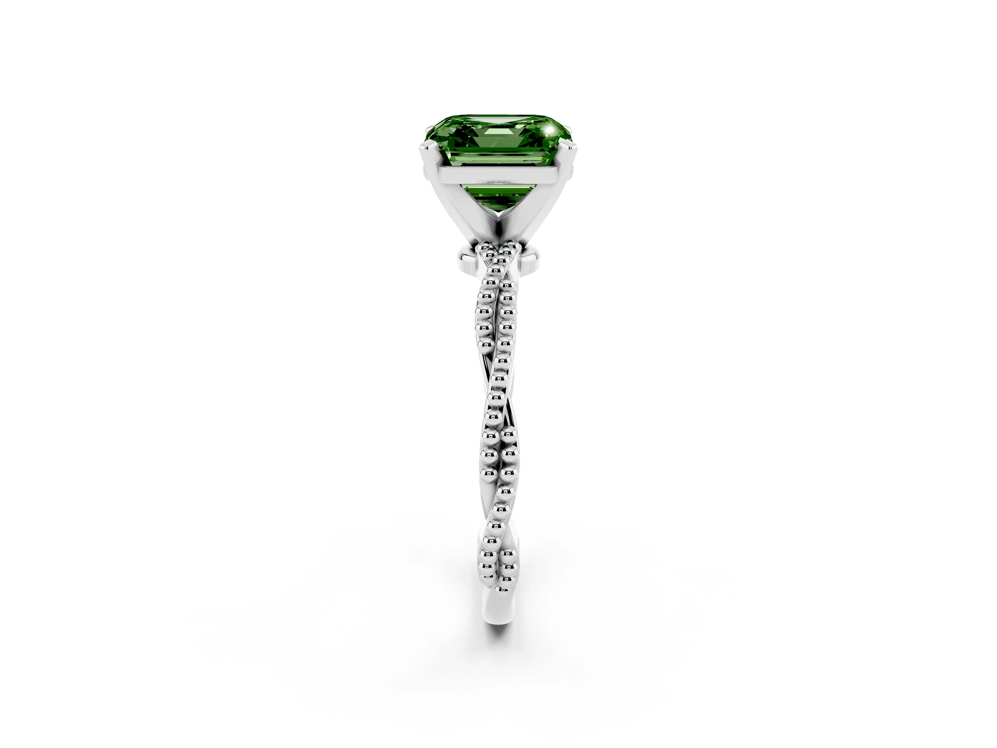 Fancy Green Asscher Cut Diamond Solitaire Ring Set in Platinum with Twisted Band and Bead Prong Setting