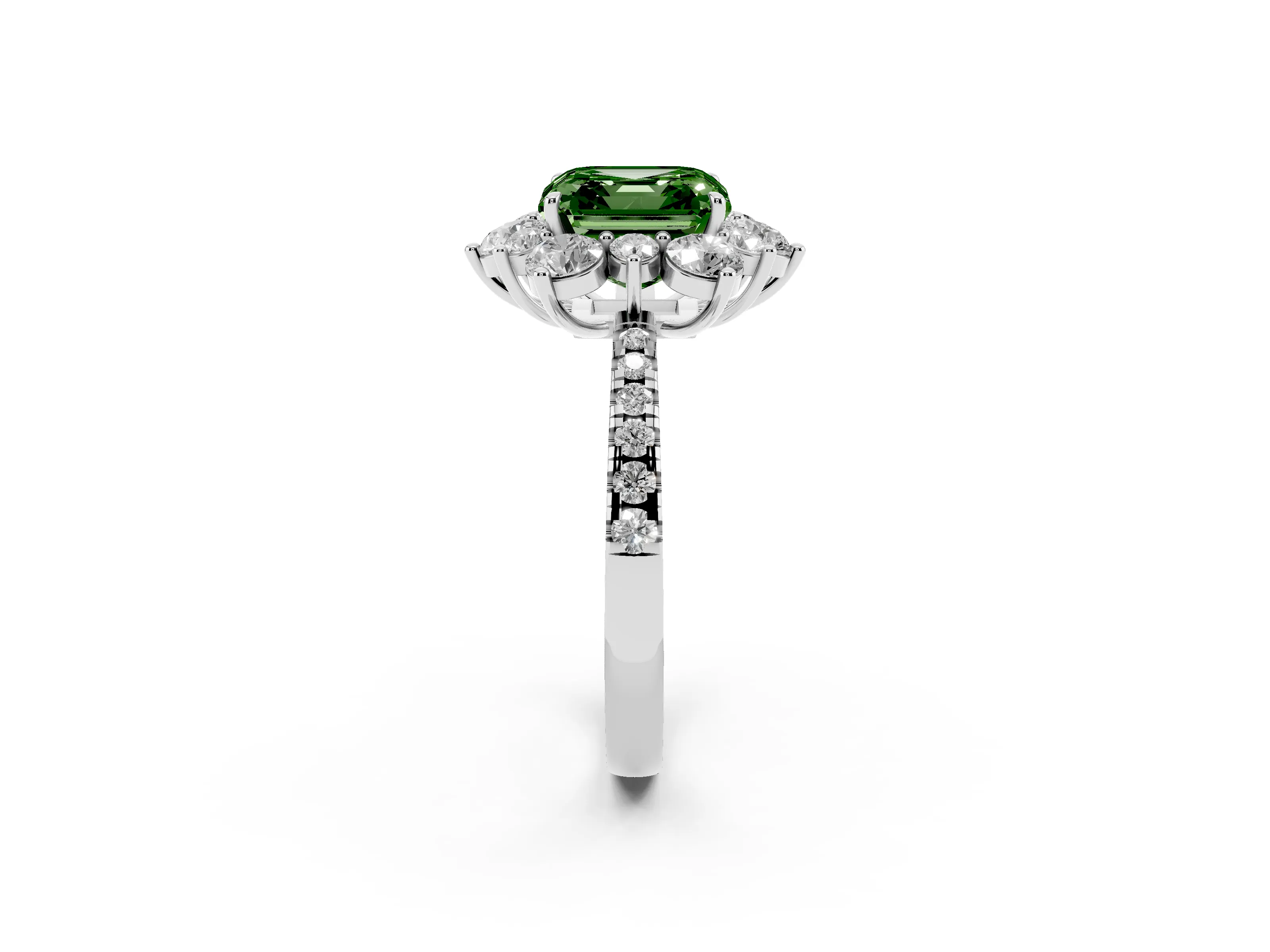 Fancy Green Asscher Cut Diamond Floral Halo Ring Set in Platinum with Round Pavé Band and Prong Setting