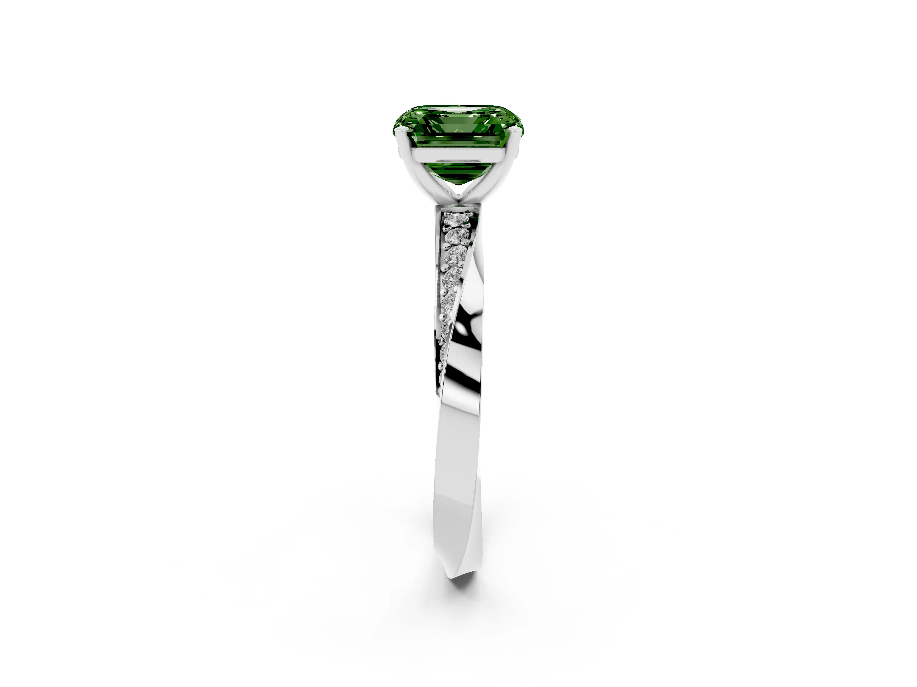 Fancy Green Asscher Cut Diamond Engagement Ring Set in White gold with Side Stone Accents and Prong Setting