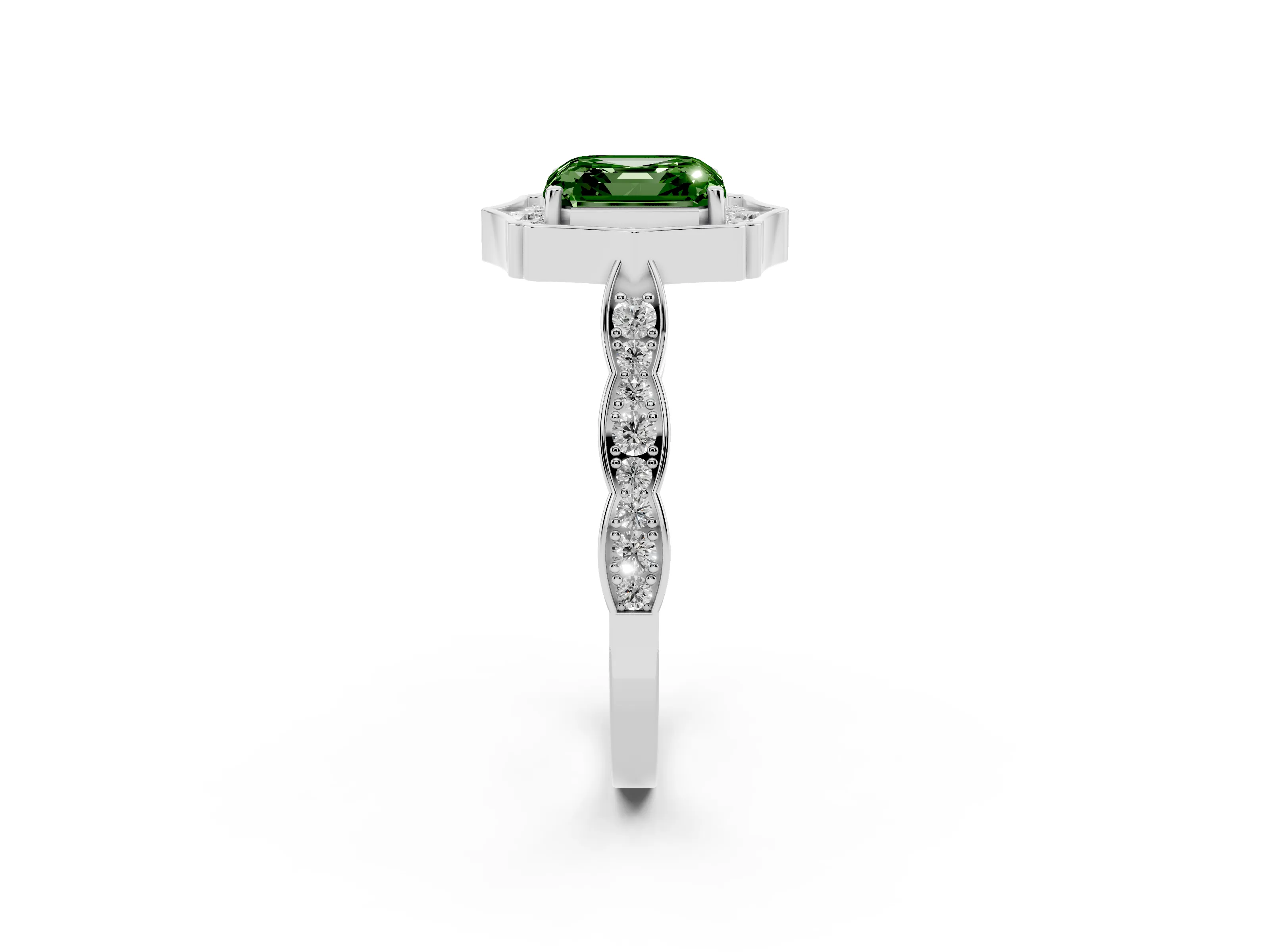 Fancy Green Asscher Cut Diamond Halo Engagement Ring Set in White gold with Milgrain Band and Prong Setting