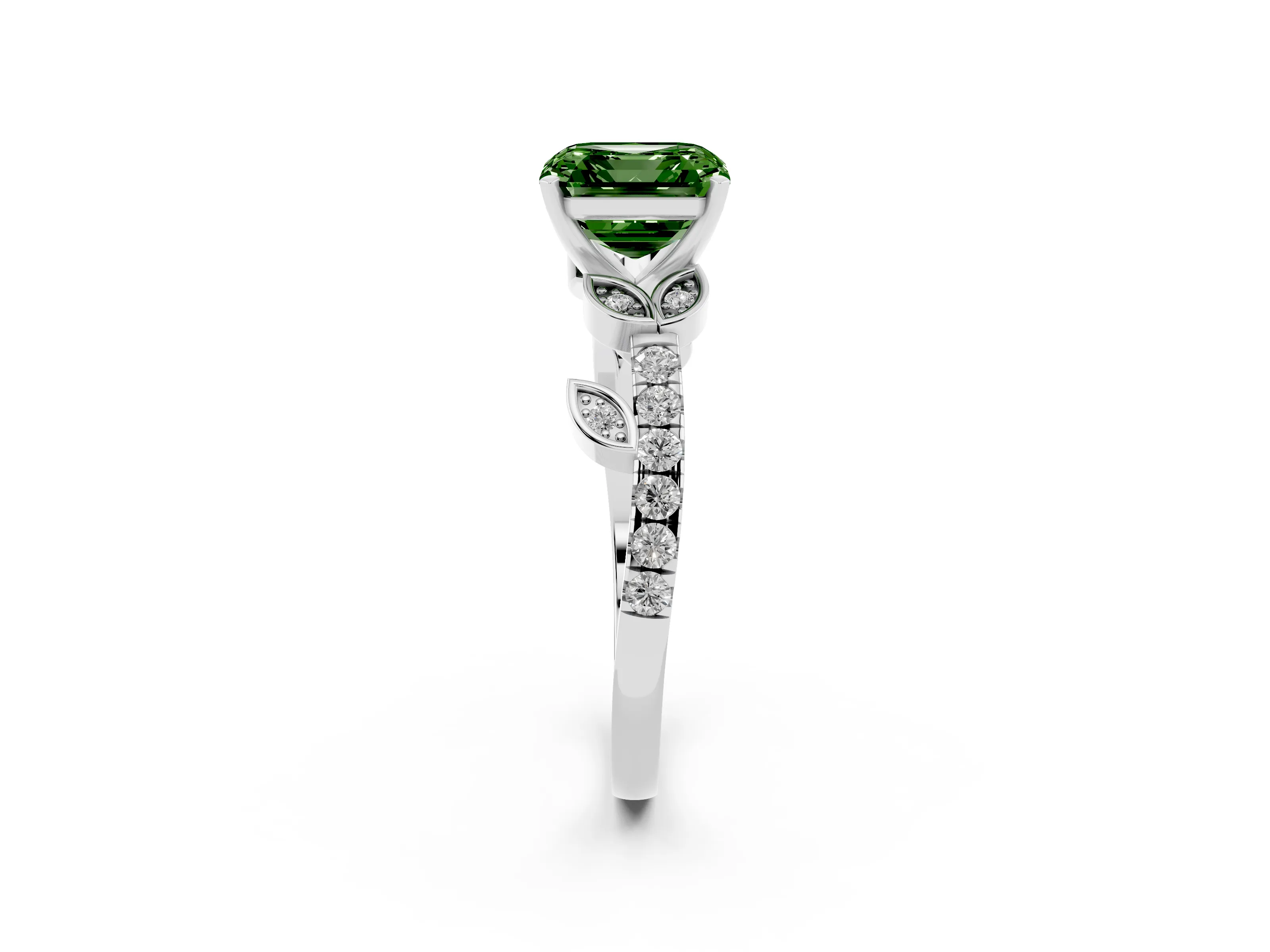 Fancy Green Asscher Cut Diamond Solitaire Leaf-Inspired Ring Set in White gold with Pavé Band and Prong Setting