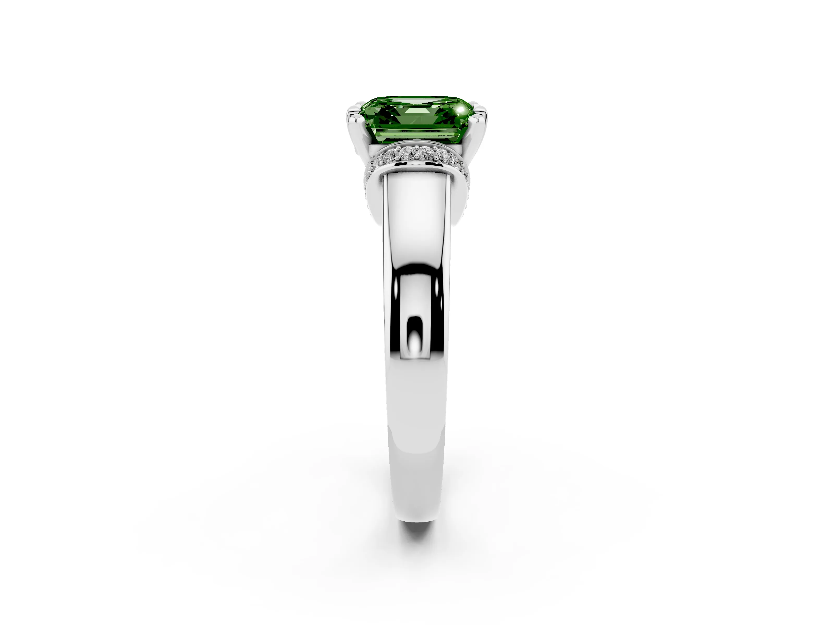 Fancy Green Asscher Cut Diamond Pavé Band Solitaire Ring Set in Silver with Prong Setting