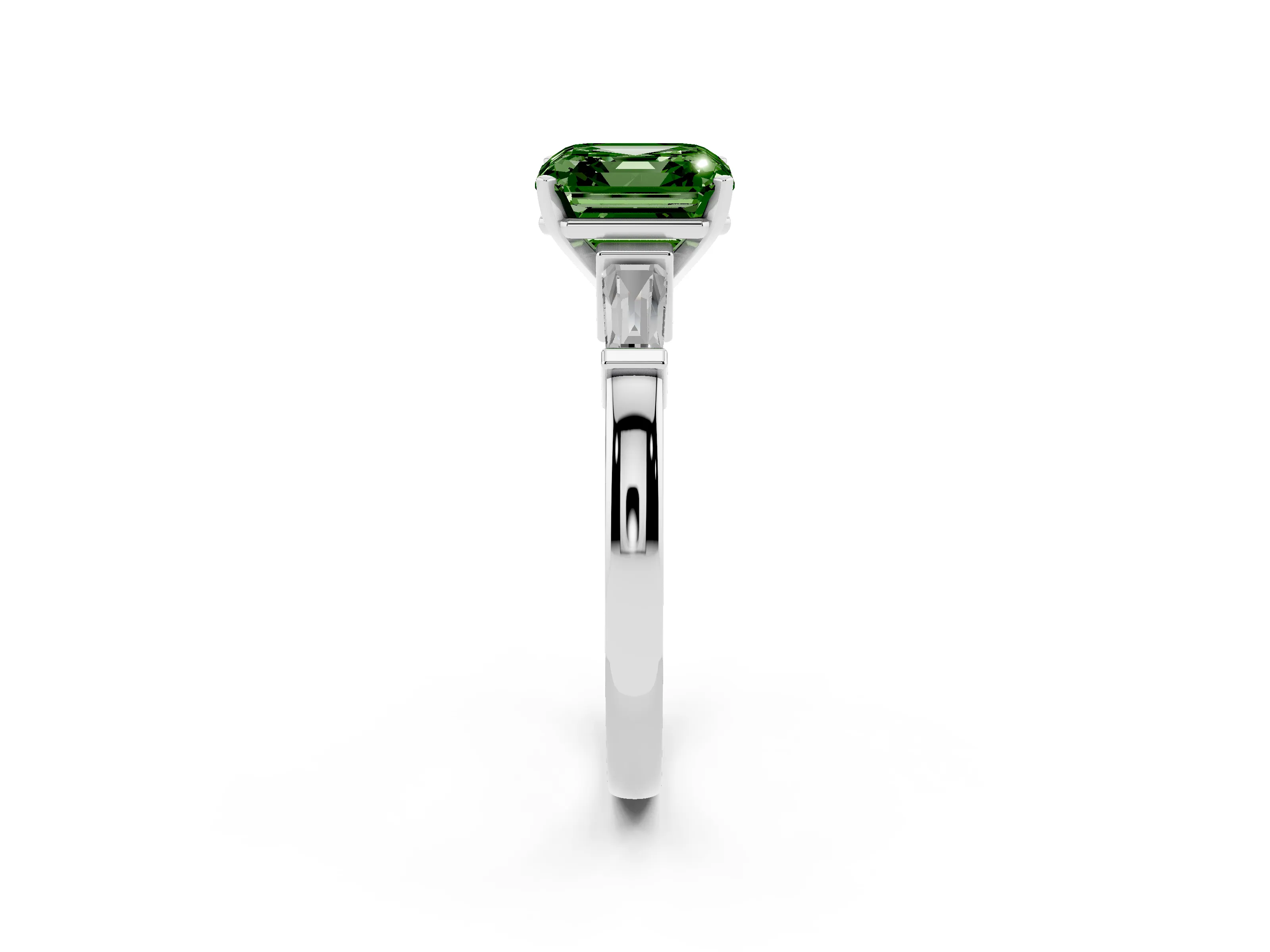 Fancy Green Asscher Cut Diamond Solitaire Ring Set in White gold with Tapered Baguette Accents and Prong Setting