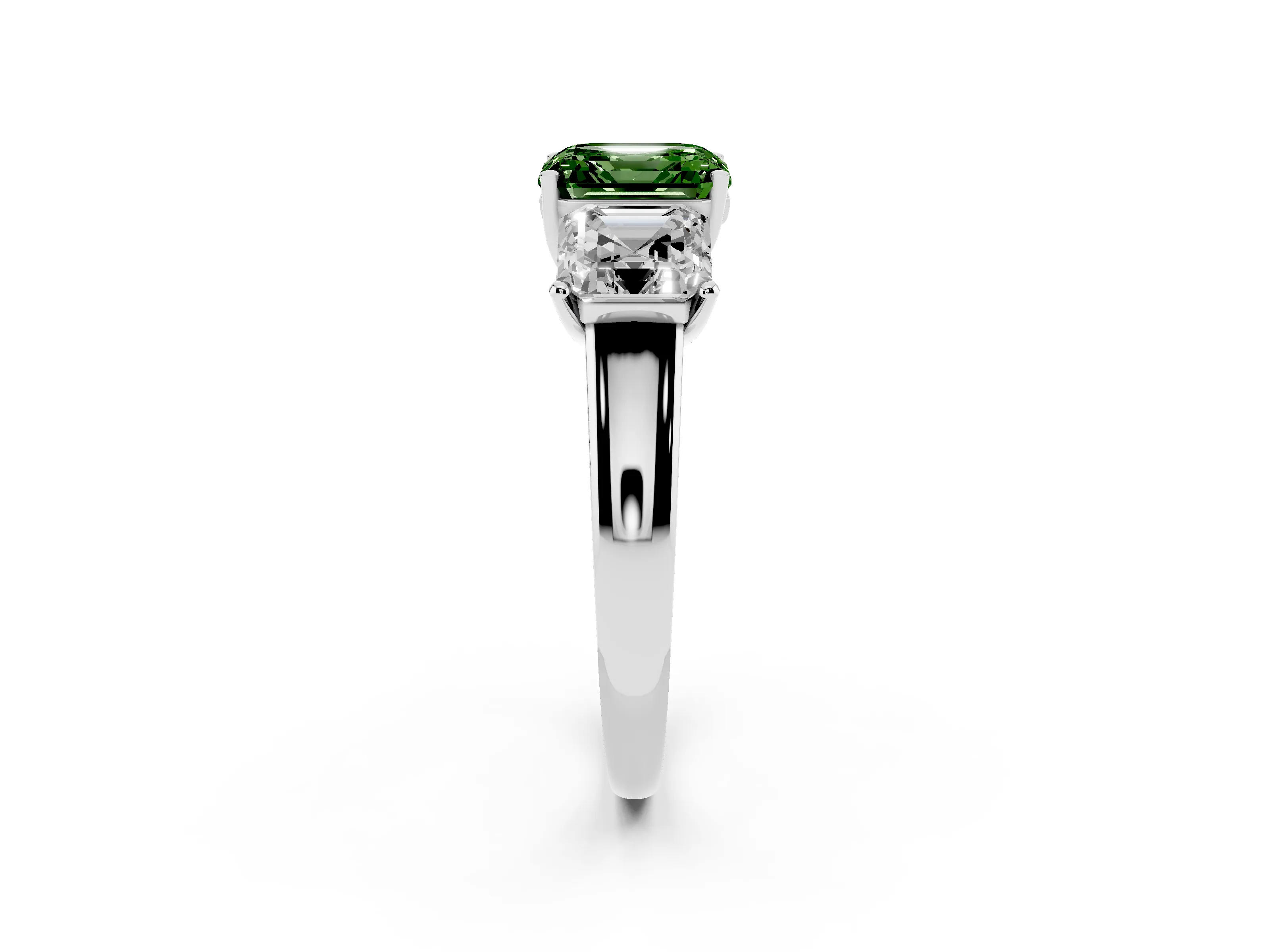 Fancy Green Asscher Cut Diamond Three-Stone Ring Set in Platinum with Classic Prong Setting and Plain Band