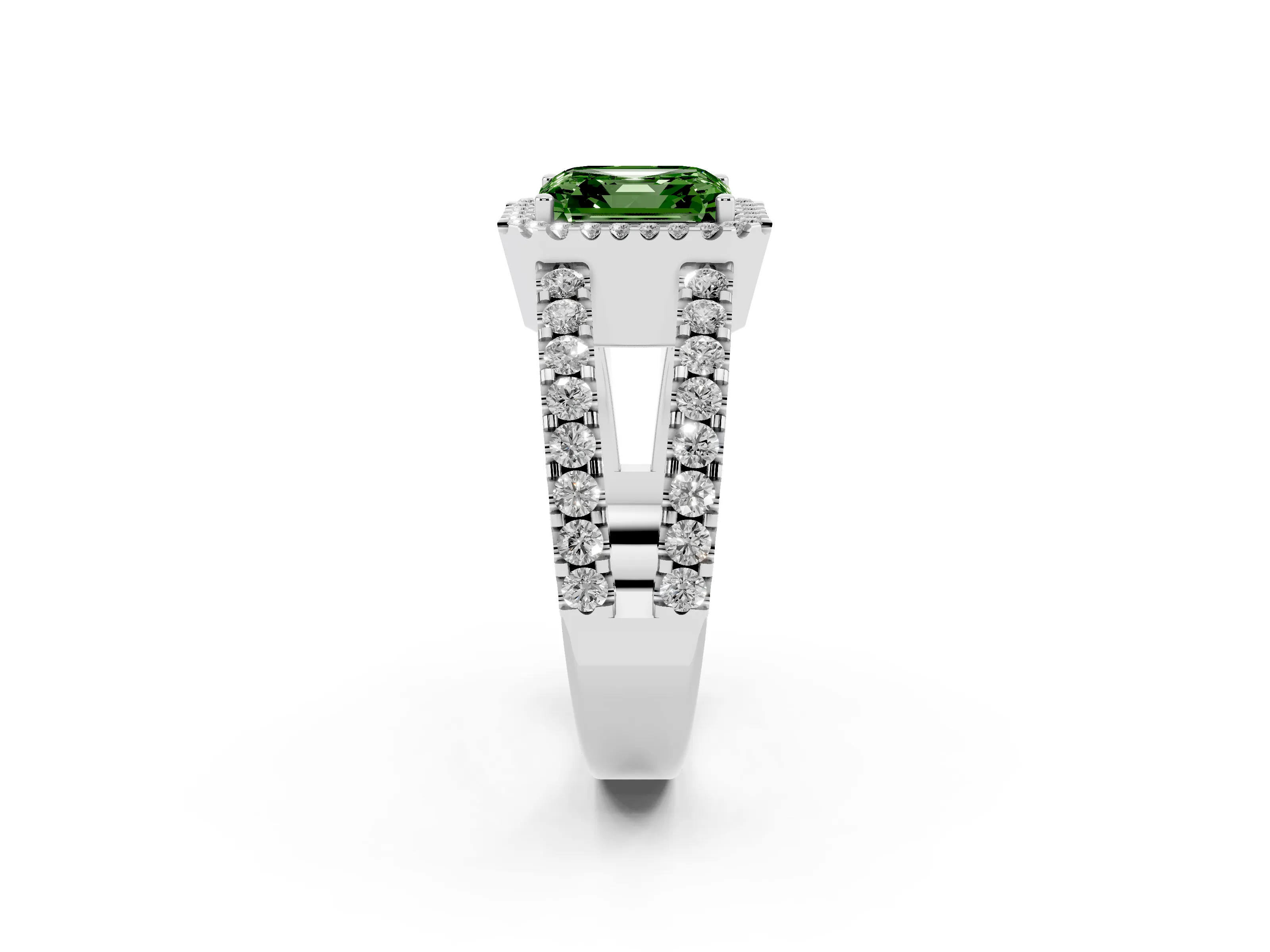 Fancy Green Asscher Cut Diamond Halo Ring Set in Platinum with Pavé Split Shank and Prong Setting