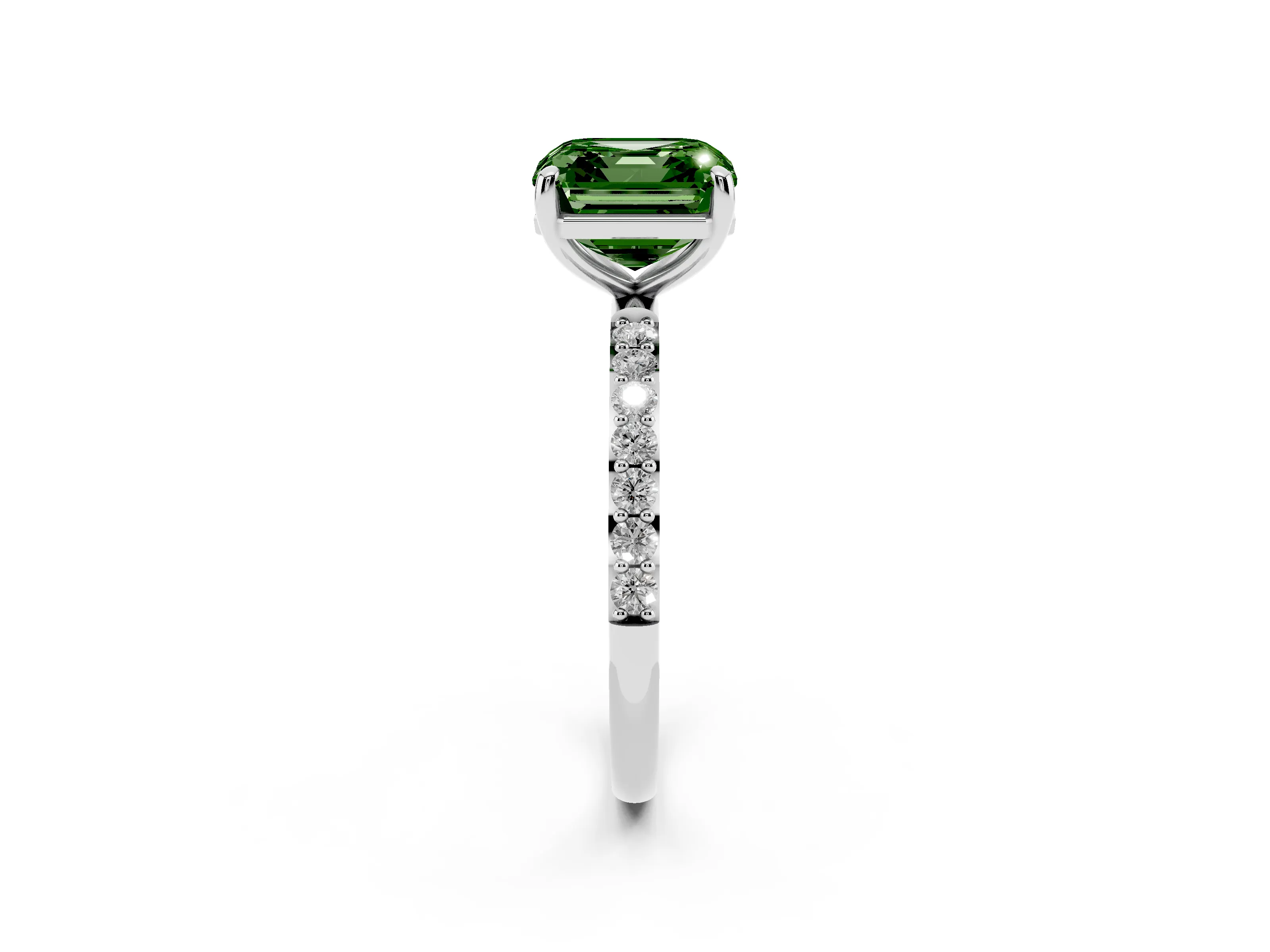 Fancy Green Asscher Cut Diamond Solitaire Ring Set in Silver with Round Pavé Band and Prong Setting