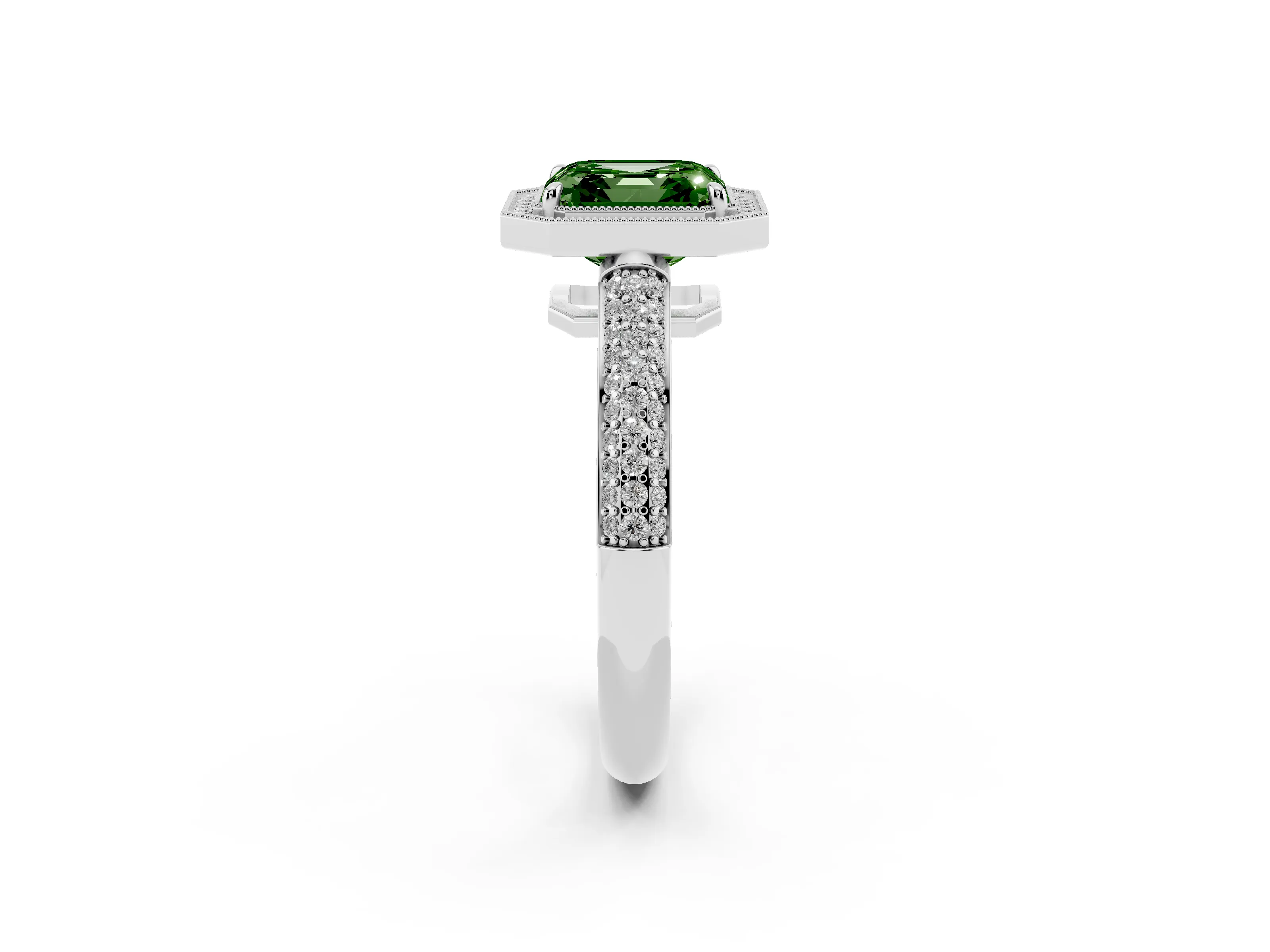 Fancy Green Asscher Cut Diamond Halo Pavé Band Set in White gold with Prong Setting
